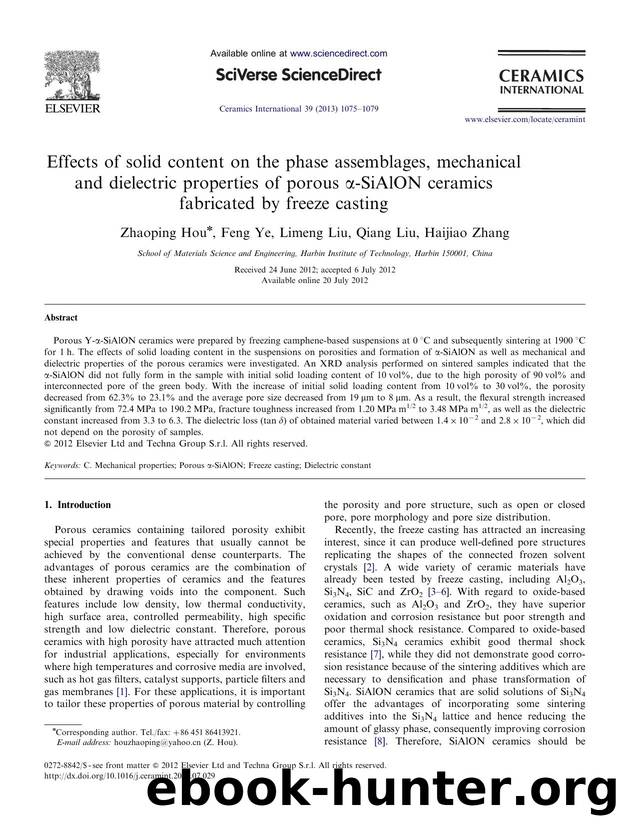 Effects of solid content on the phase assemblages, mechanical and dielectric properties of porous Î±-SiAlON ceramics fabricated by freeze casting by Zhaoping Hou & Feng Ye & Limeng Liu & Qiang Liu & Haijiao Zhang