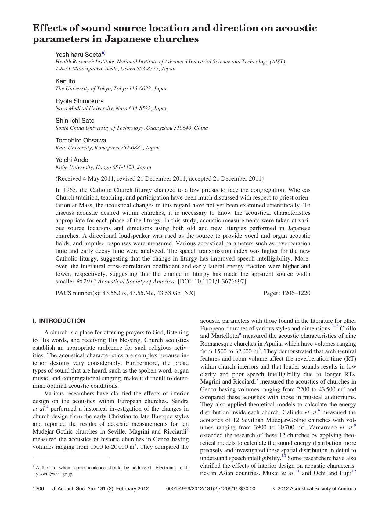Effects of sound source location and direction on acoustic parameters in Japanese churches by Yoshiharu Soeta Ken Ito Ryota Shimokura Shin-ichi Sato Tomohiro Ohsawa and Yoichi Ando