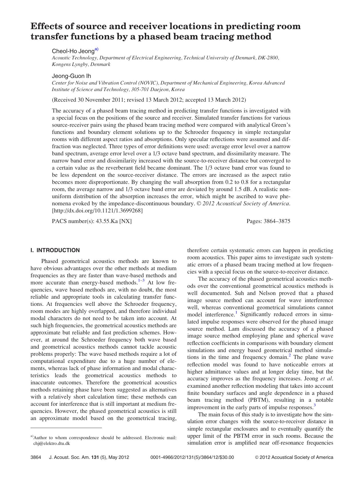 Effects of source and receiver locations in predicting room transfer functions by a phased beam tracing method by Cheol-Ho Jeonga) and Jeong-Guon Ih