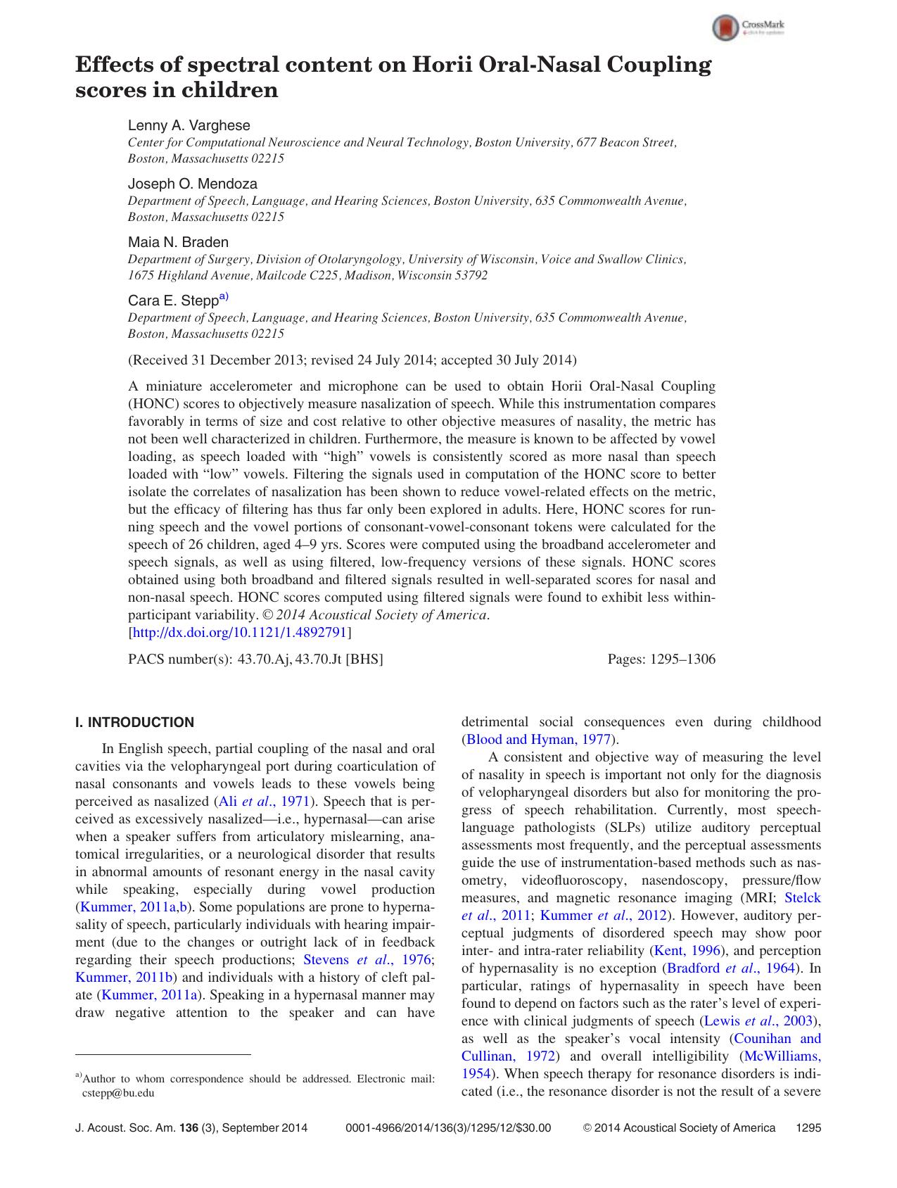 Effects of spectral content on Horii Oral-Nasal Coupling scores in children by Lenny A. Varghese & Joseph O. Mendoza & Maia N. Braden & Cara E. Stepp
