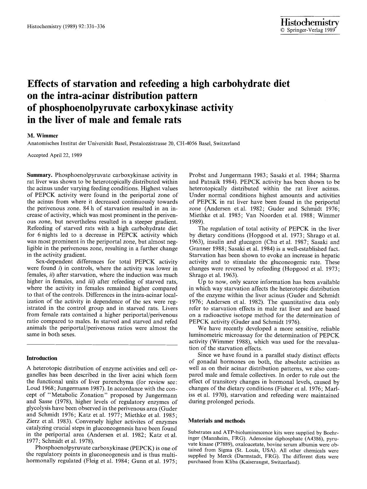 Effects of starvation and refeeding a high carbohydrate diet on the intra-acinar distribution pattern of phosphoenolpyruvate carboxykinase activity in the liver of male and female rats by Unknown