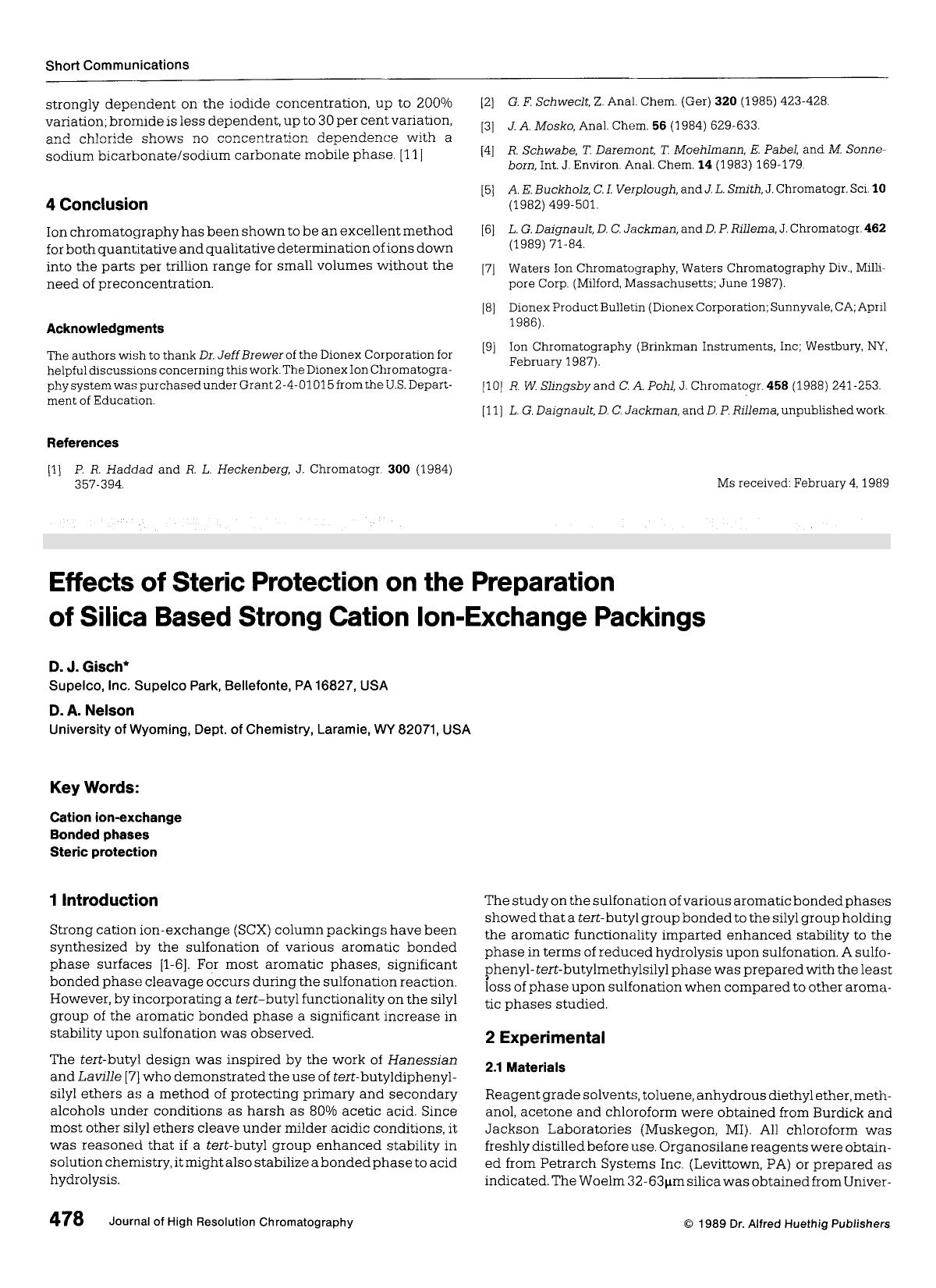 Effects of steric protection on the preparation of silica based strong cation ion-exchange packings by Unknown