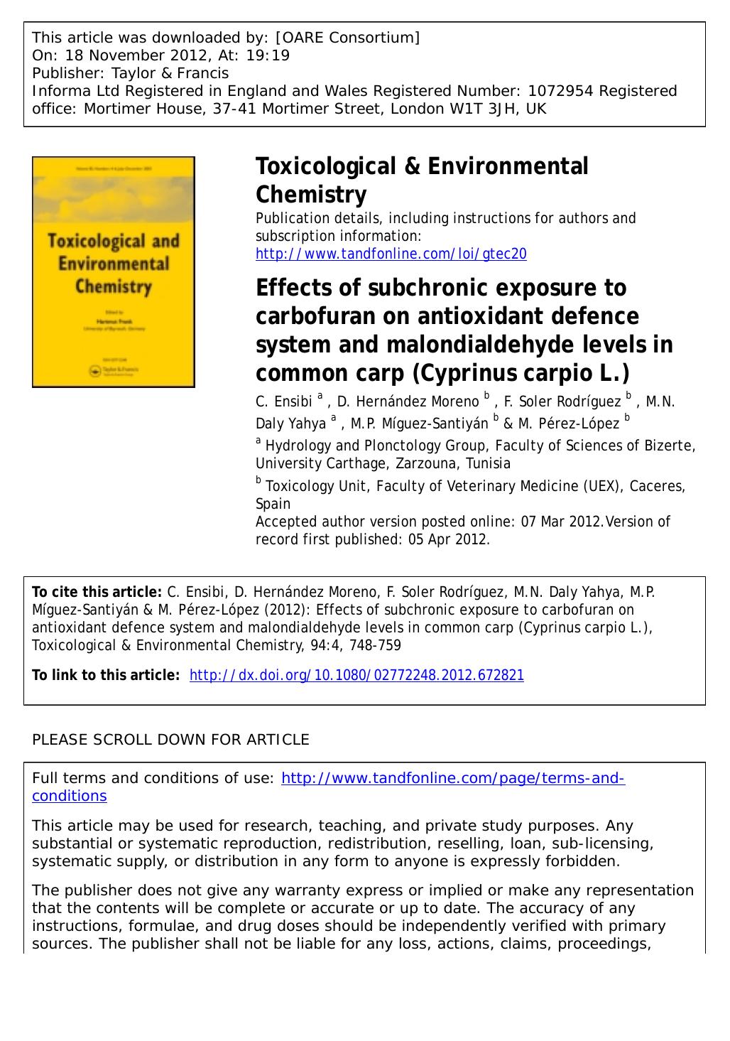 Effects of subchronic exposure to carbofuran on antioxidant defence system and malondialdehyde levels in common carp (Cyprinus carpio L.) by unknow