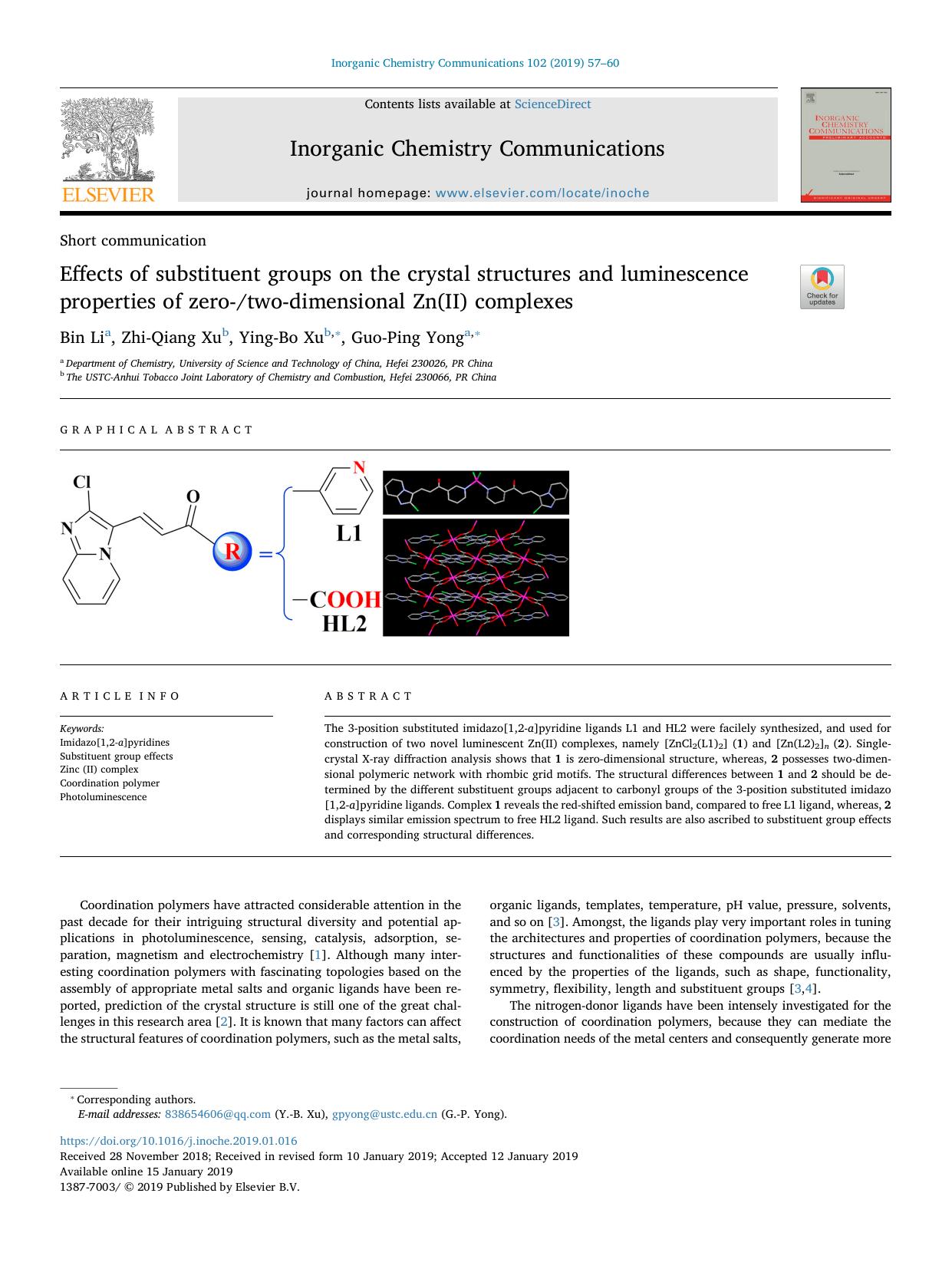 Effects of substituent groups on the crystal structures and luminescence properties of zero-two-dimensional Zn(II) complexes by Bin Li & Zhi-Qiang Xu & Ying-Bo Xu & Guo-Ping Yong