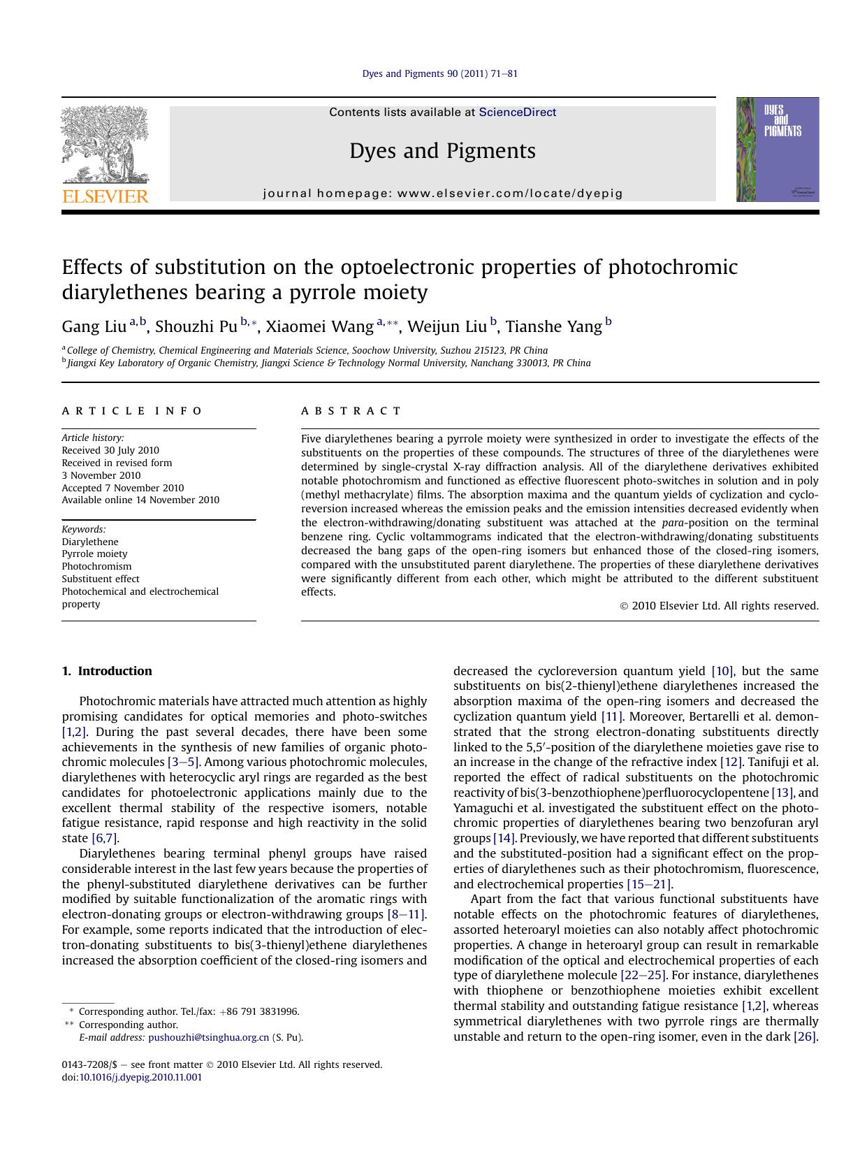 Effects of substitution on the optoelectronic properties of photochromic diarylethenes bearing a pyrrole moiety by Gang Liu & Shouzhi Pu & Xiaomei Wang & Weijun Liu & Tianshe Yang