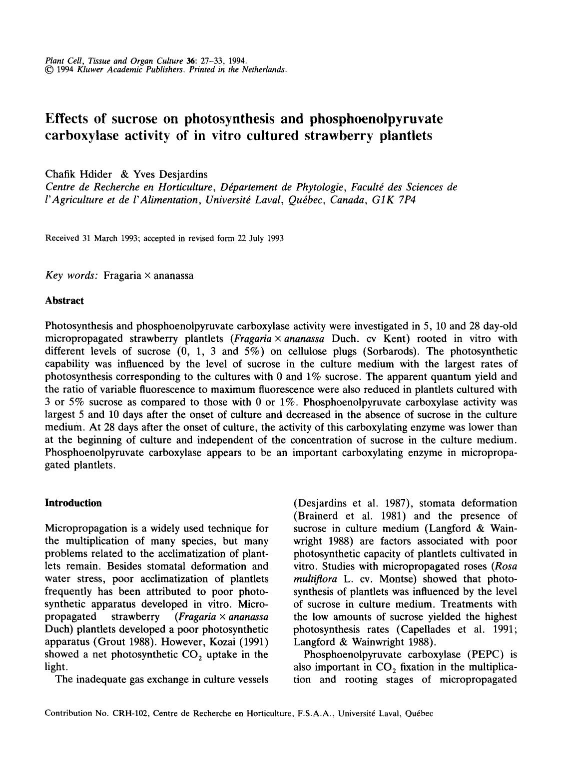 Effects of sucrose on photosynthesis and phosphoenolpyruvate carboxylase activity of in vitro cultured strawberry plantlets by Unknown