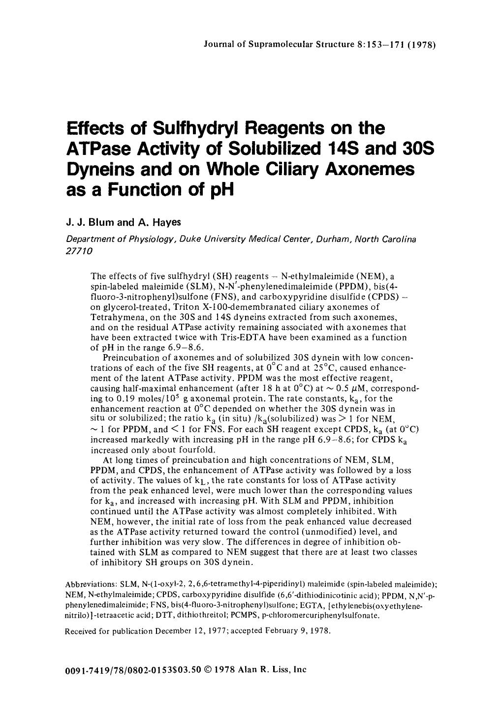 Effects of sulfhydryl reagents on the ATPase activity of solubilized 14S and 30S dyneins and on whole ciliary axonemes as a function of pH by Unknown