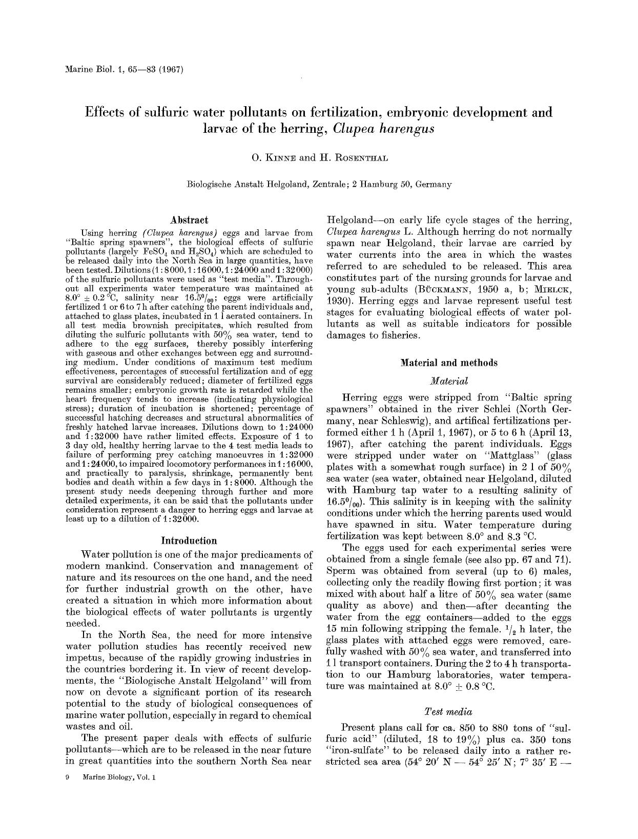 Effects of sulfuric water pollutants on fertilization, embryonic development and larvae of the herring, <Emphasis Type="Italic">Clupea harengus<Emphasis> by Unknown