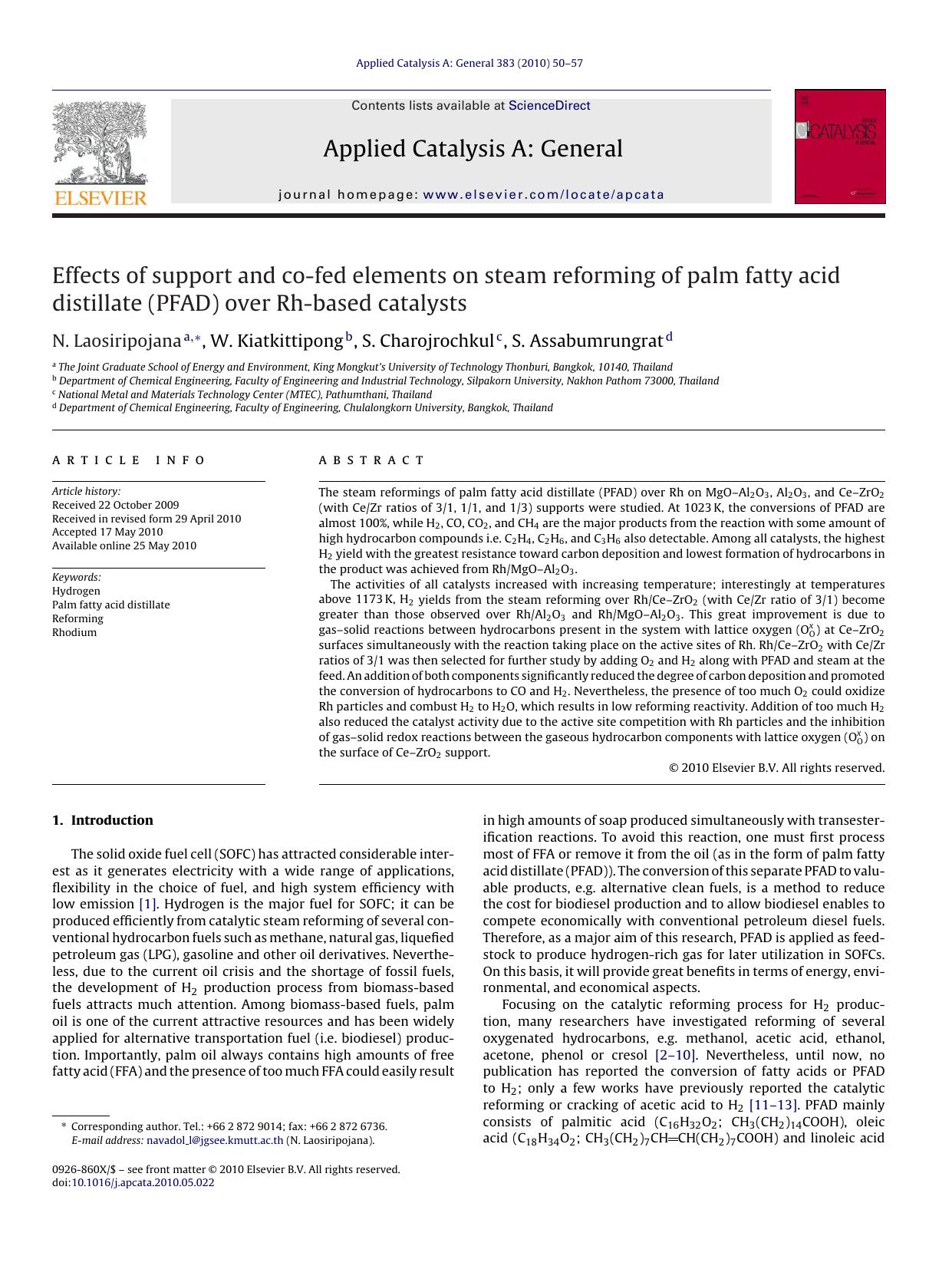 Effects of support and co-fed elements on steam reforming of palm fatty acid distillate (PFAD) over Rh-based catalysts by N. Laosiripojana