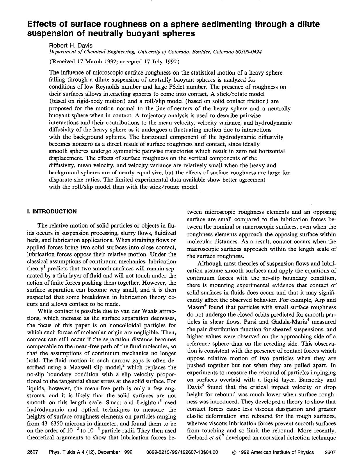 Effects of surface roughness on a sphere sedimenting through a dilute suspension of neutrally buoyant spheres by Robert H. Davis