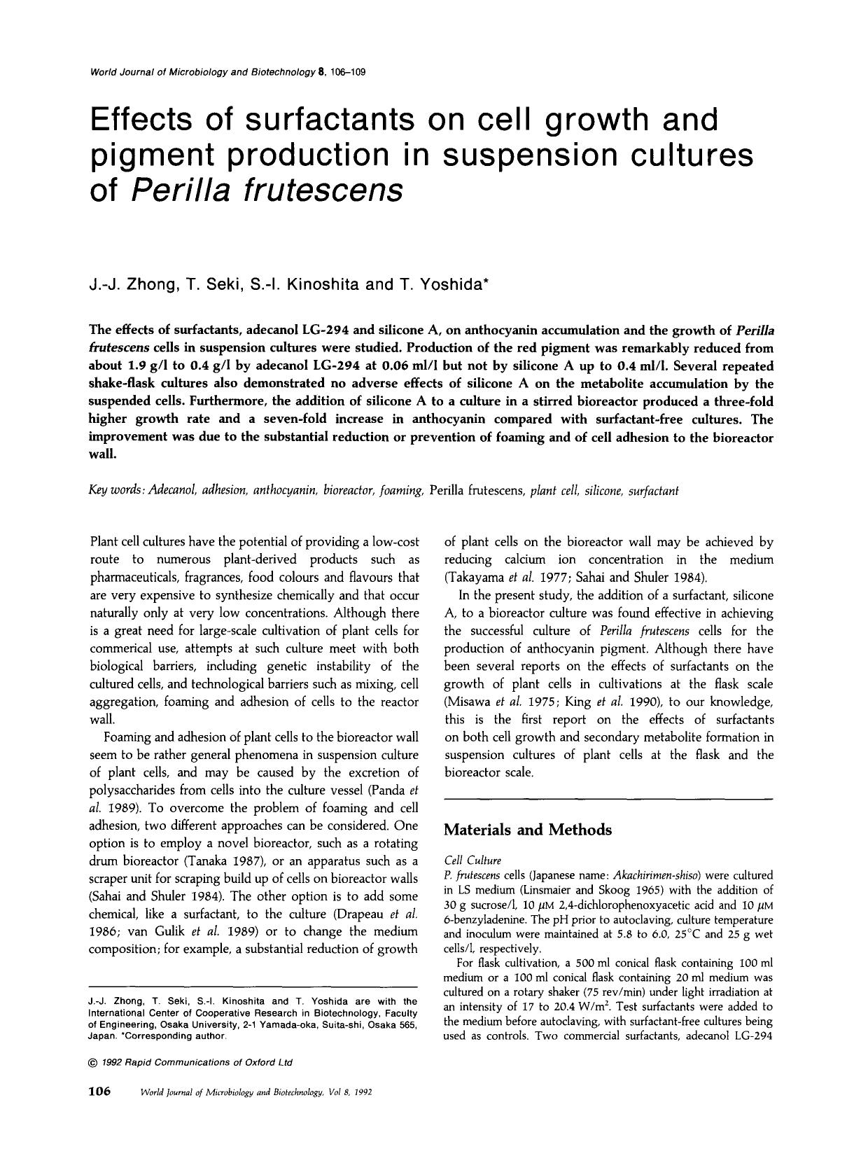 Effects of surfactants on cell growth and pigment production in suspension cultures of <Emphasis Type="Italic">Perilla frutescens <Emphasis> by Unknown