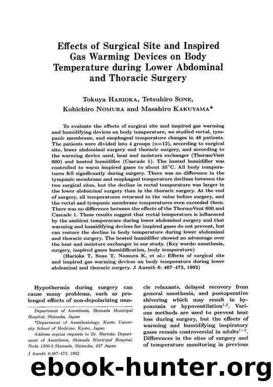 Effects of surgical site and inspired gas warming devices on body temperature during lower abdominal and thoracic surgery by Unknown