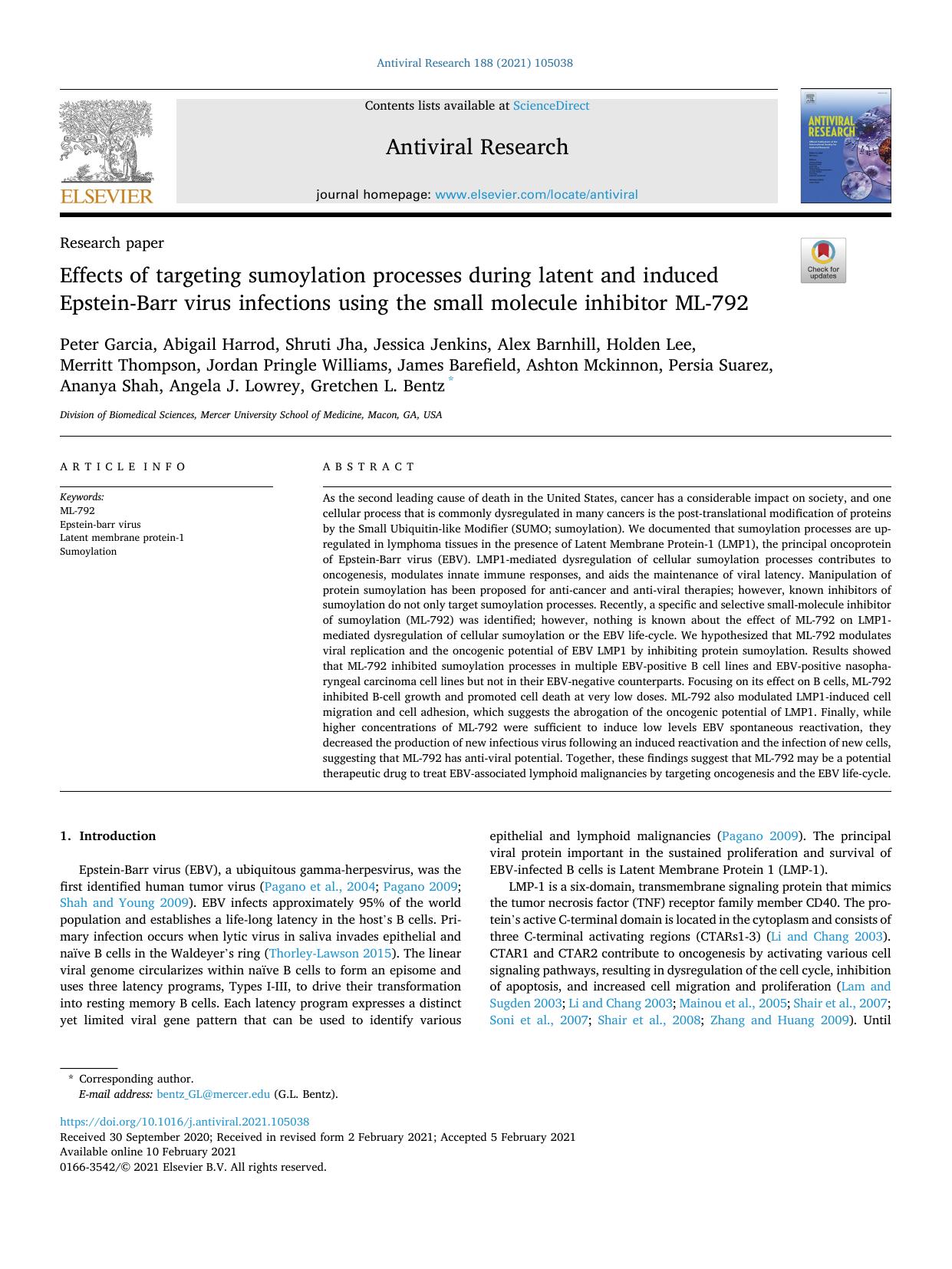 Effects of targeting sumoylation processes during latent and induced Epstein-Barr virus infections using the small molecule inhibitor ML-792 by unknow