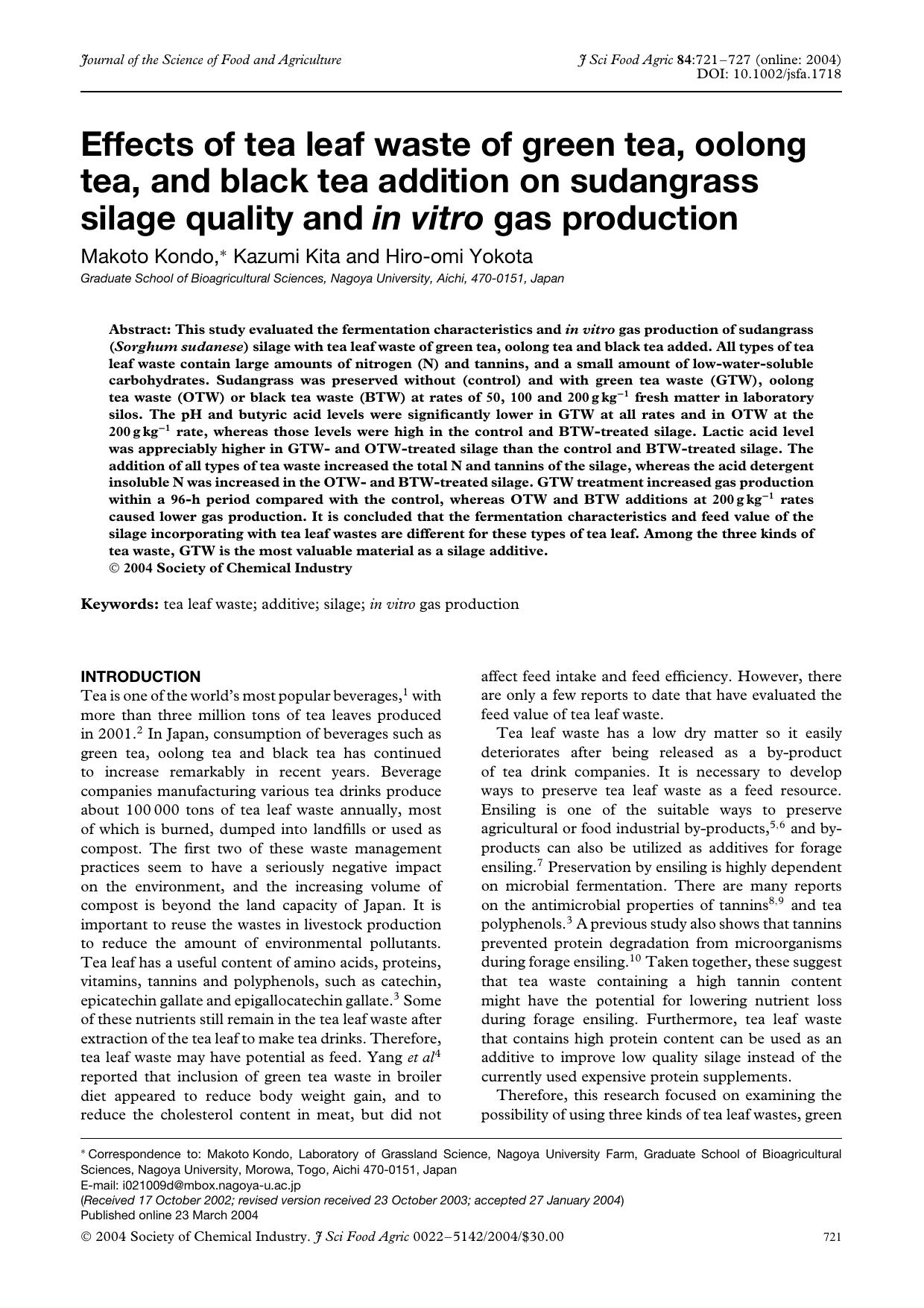 Effects of tea leaf waste of green tea, oolong tea, and black tea addition on sudangrass silage quality and in vitro gas production by Unknown