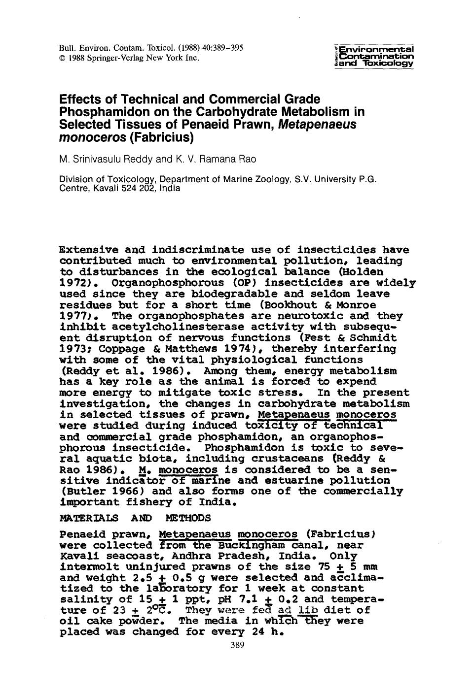 Effects of technical and commercial grade phosphamidon on the carbohydrate metabolism in selected tissues of penaeid prawn, <Emphasis Type="Italic">Metapenaeus monoceros <Emphasis> (Fabricius) by Unknown