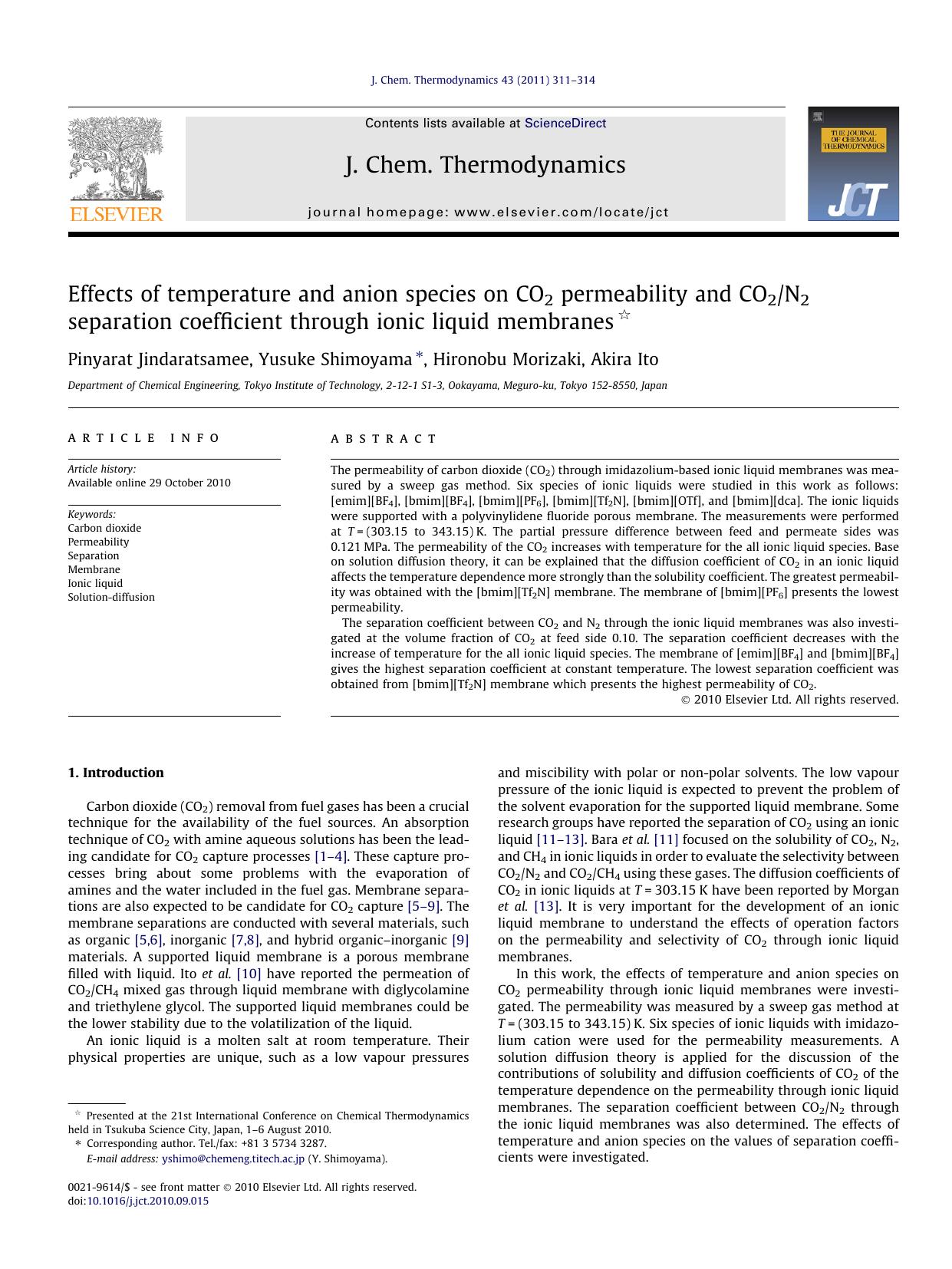 Effects of temperature and anion species on CO2 permeability and CO2N2 separation coefficient through ionic liquid membranes by Pinyarat Jindaratsamee & Yusuke Shimoyama & Hironobu Morizaki & Akira Ito
