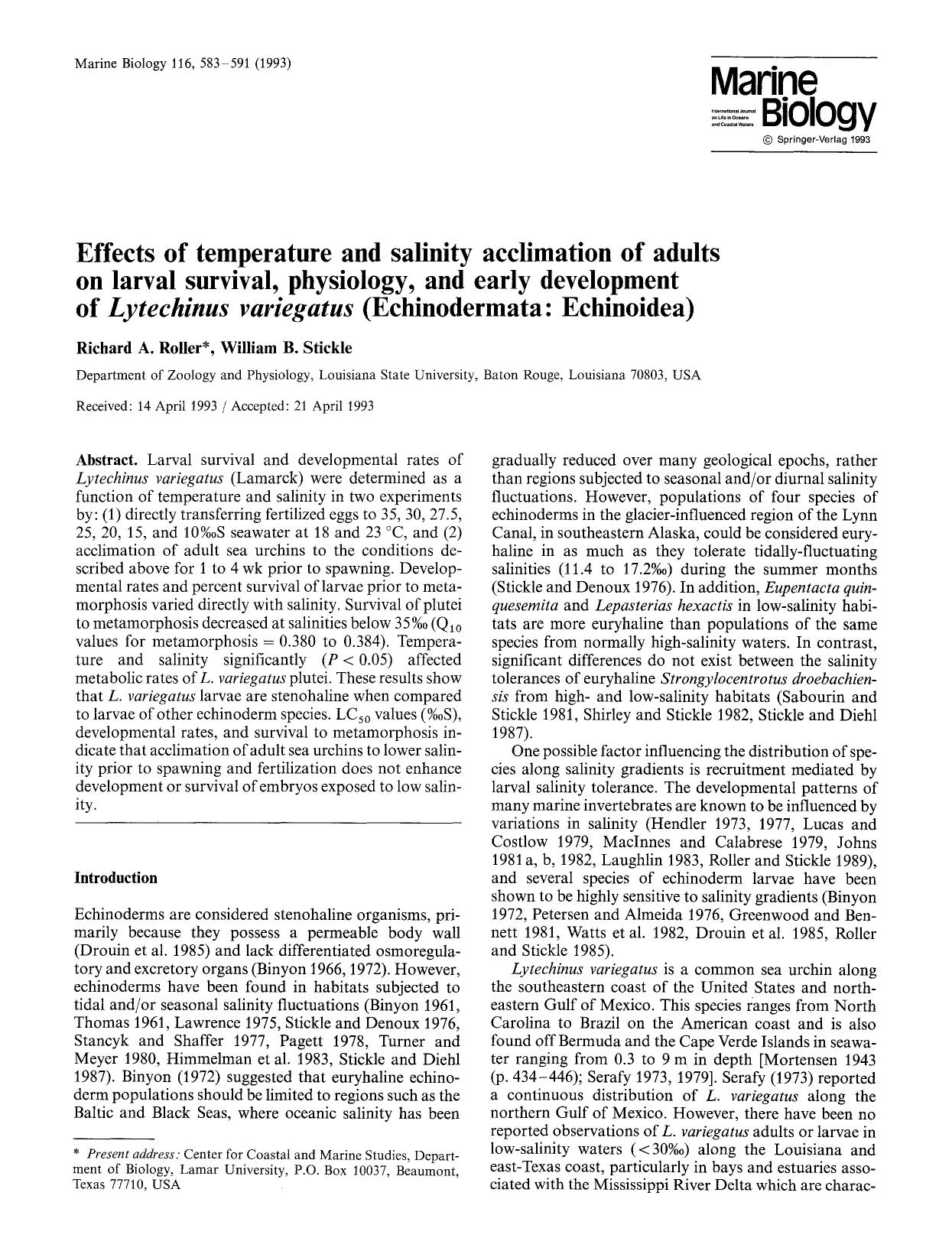 Effects of temperature and salinity acclimation of adults on larval survival, physiology, and early development of <Emphasis Type="Italic">Lytechinus variegatus<Emphasis> (Echinodermata: Echinoidea) by Unknown