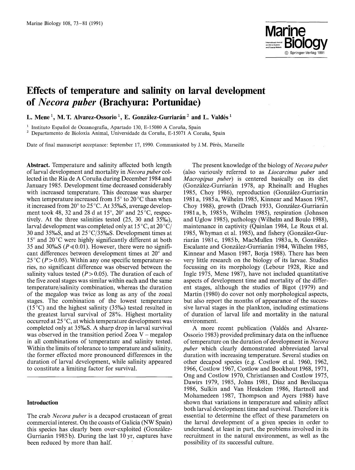 Effects of temperature and salinity on larval development of <Emphasis Type="Italic">Necora puber <Emphasis> (Brachyura: Portunidae) by Unknown