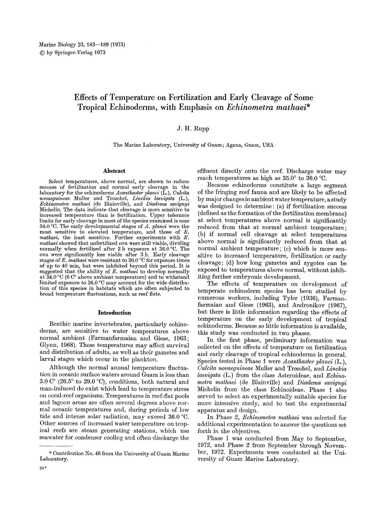 Effects of temperature on fertilization and early cleavage of some tropical echinoderms, with emphasis on <Emphasis Type="Italic">Echinometra mathaei<Emphasis> by Unknown