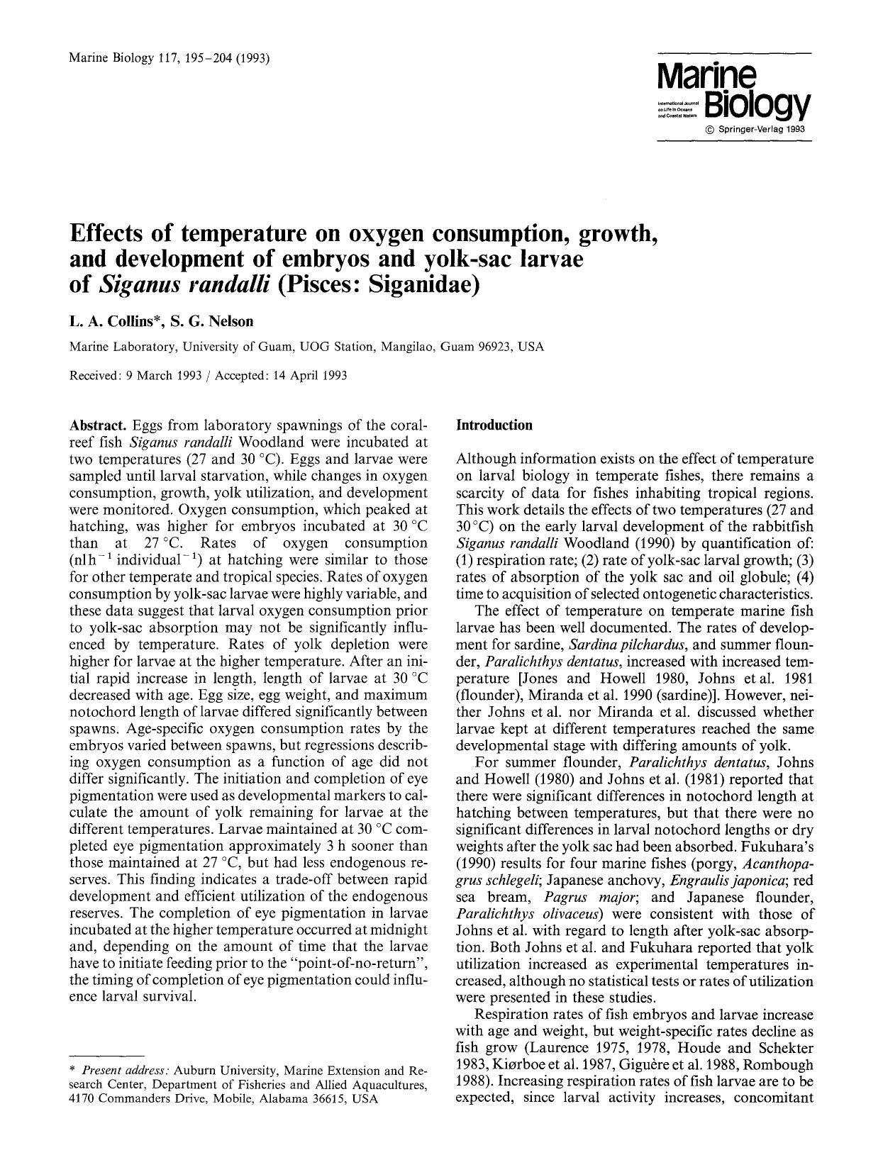 Effects of temperature on oxygen consumption, growth, and development of embryos and yolk-sac larvae of <Emphasis Type="Italic">Siganus randalli<Emphasis> (Pisces: Siganidae) by Unknown