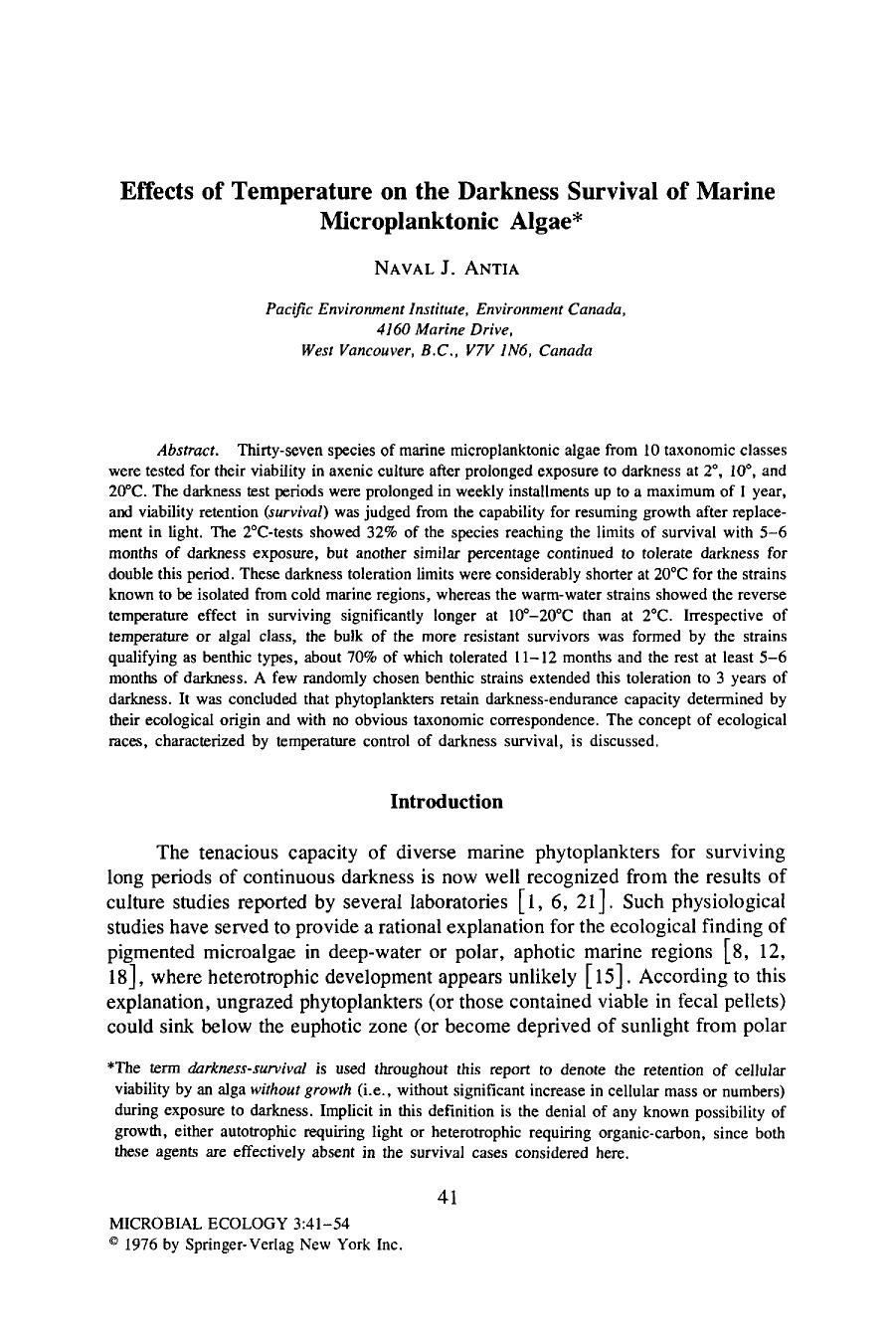 Effects of temperature on the darkness survival of marine microplanktonic algae by Unknown