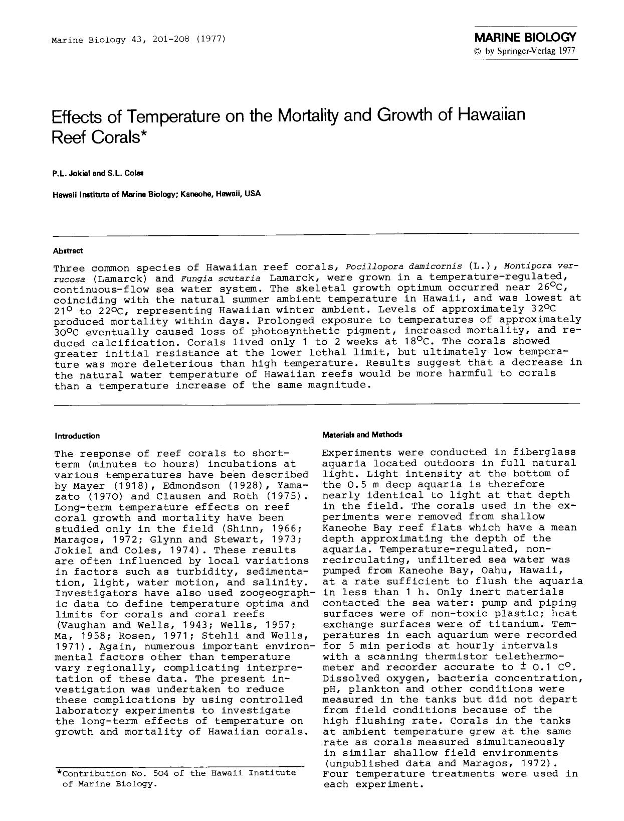 Effects of temperature on the mortality and growth of Hawaiian reef corals by Unknown