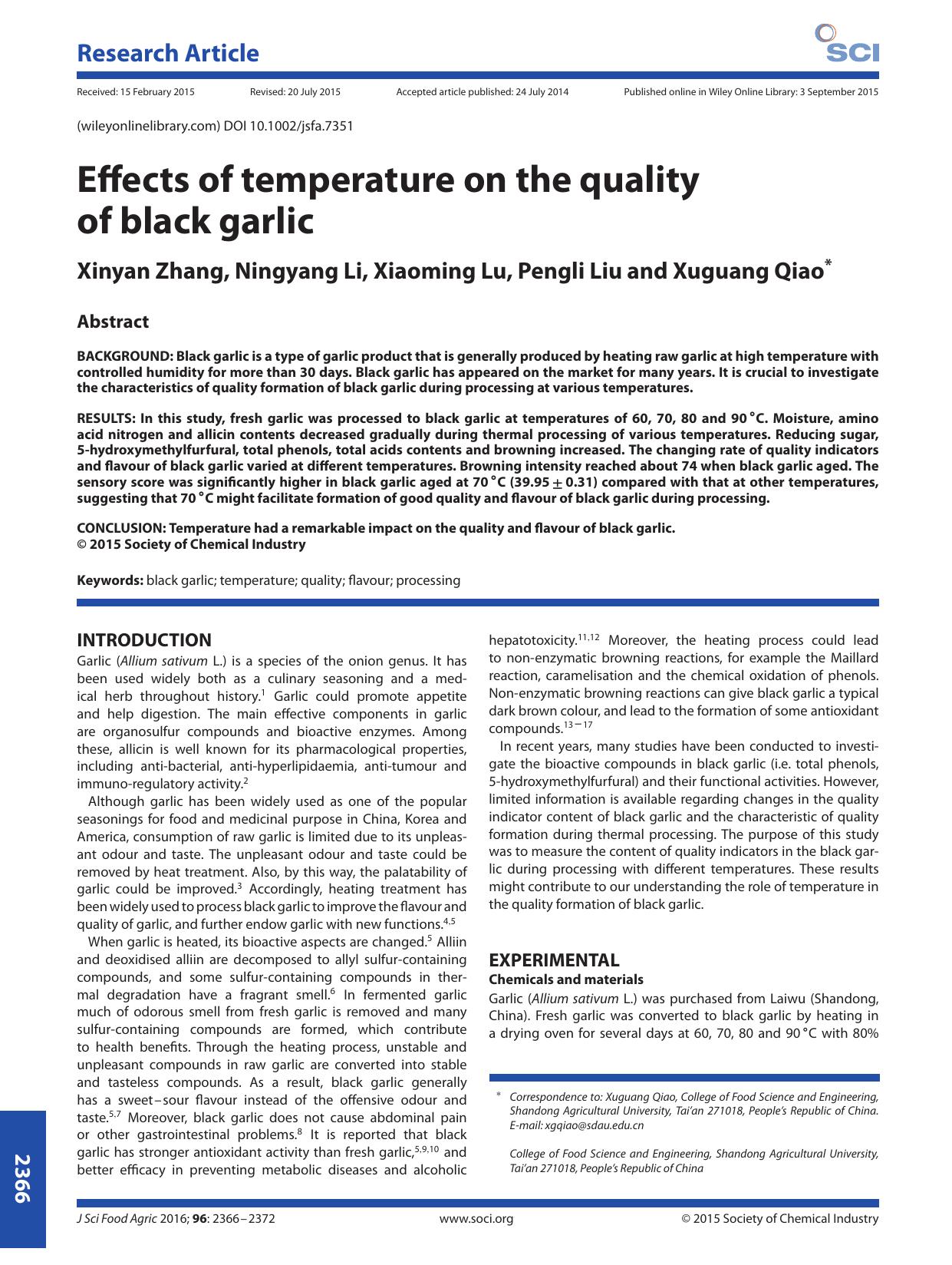 Effects of temperature on the quality of black garlic by Unknown