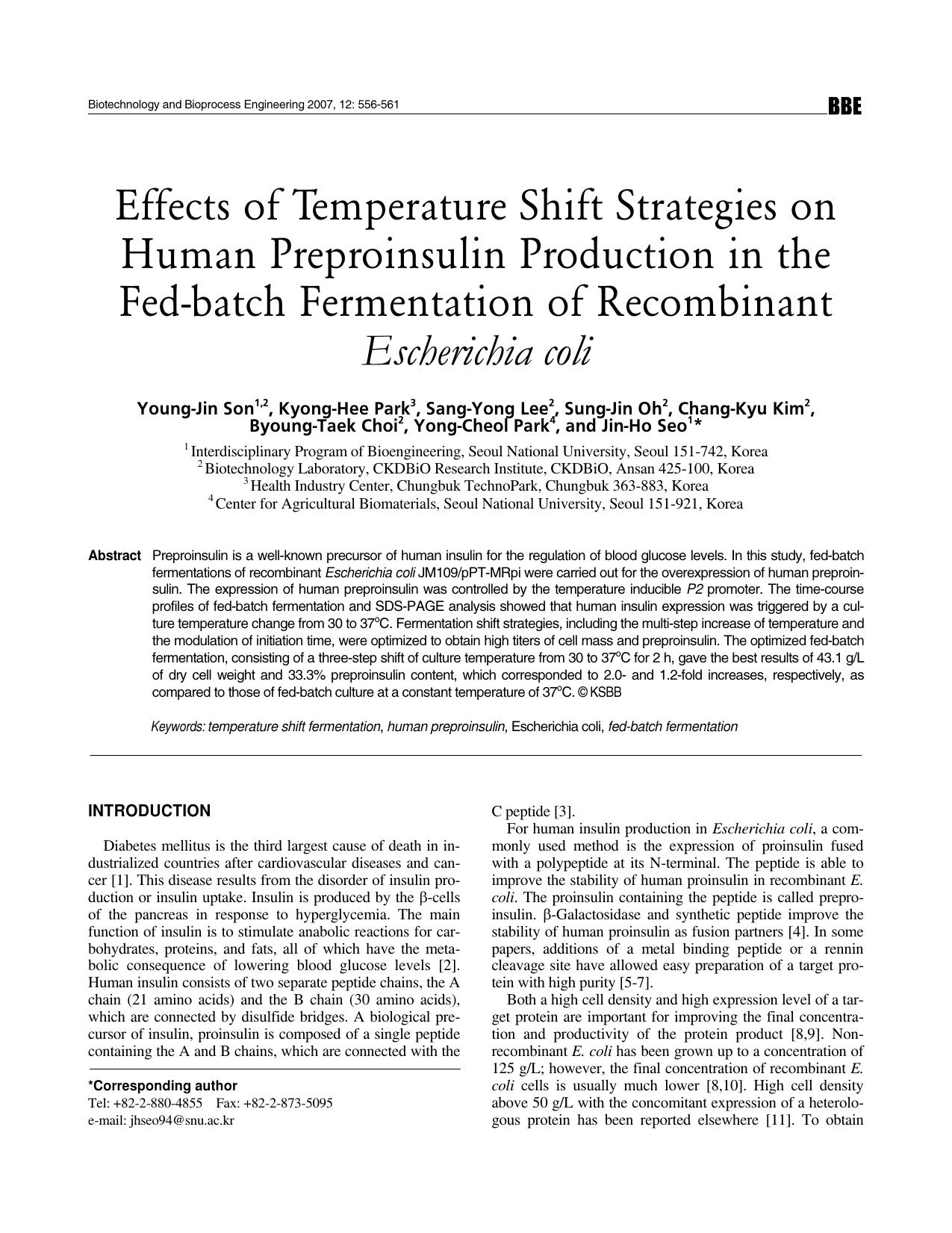Effects of temperature shift strategies on human preproinsulin production in the fed-batch fermentation of recombinant <Emphasis Type="Italic">Escherichia coli <Emphasis> by Unknown