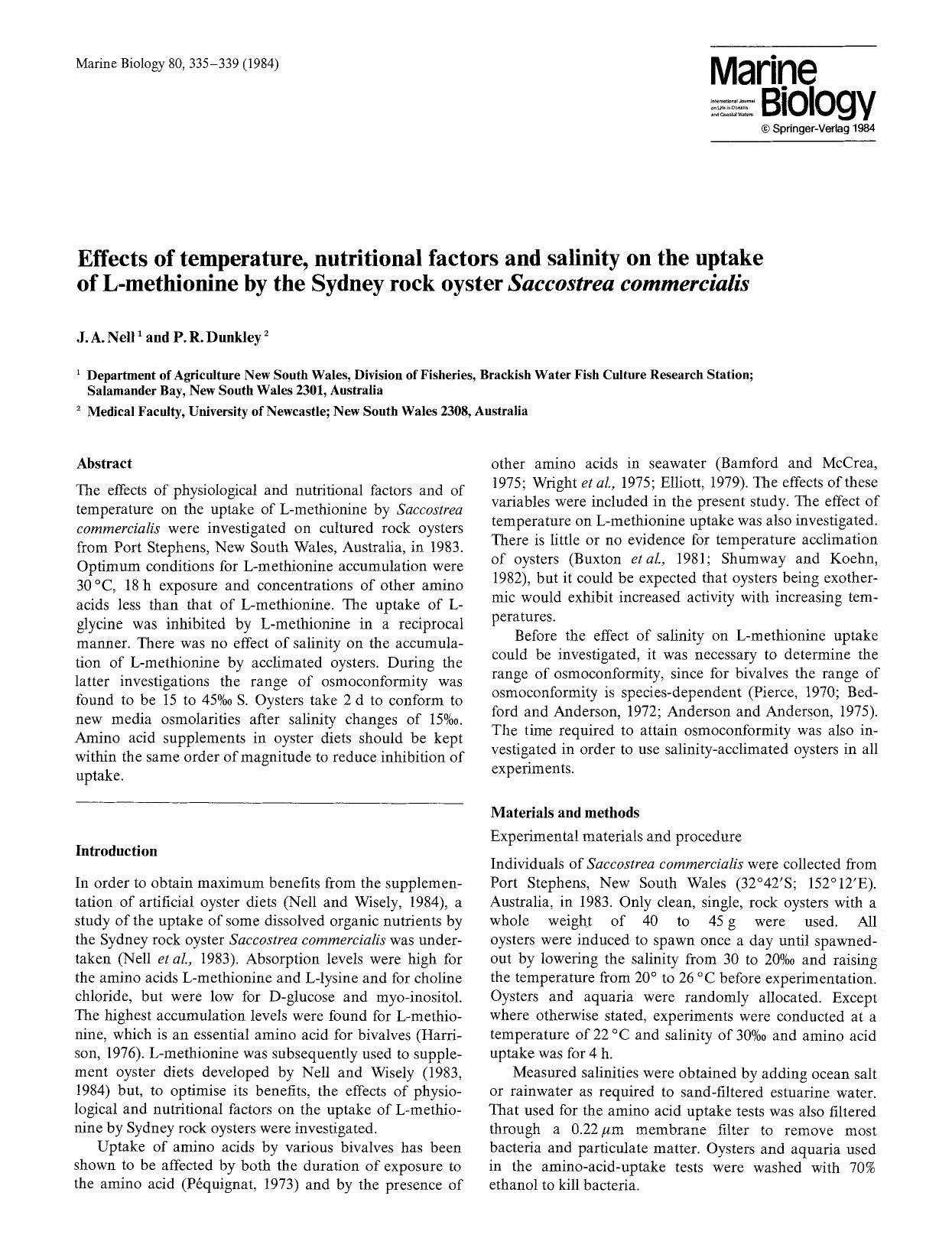 Effects of temperature, nutritional factors and salinity on the uptake of L-methionine by the Sydney rock oyster <Emphasis Type="Italic">Saccostrea commercialis<Emphasis> by Unknown