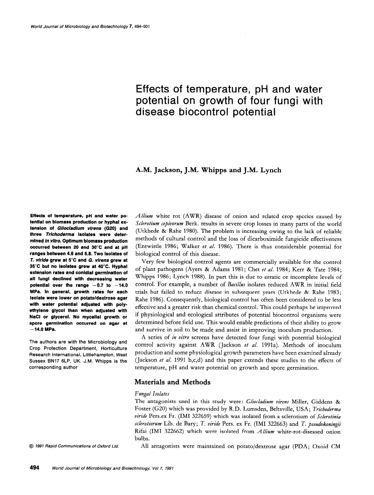 Effects of temperature, pH and water potential on growth of four fungi with disease biocontrol potential by Unknown