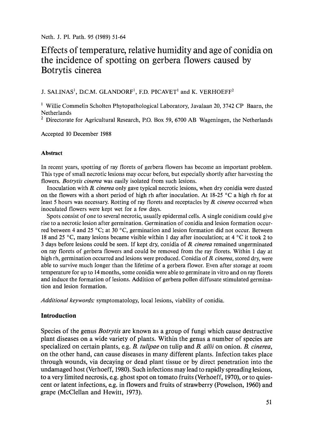Effects of temperature, relative humidity and age of conidia on the incidence of spotting on gerbera flowers caused by Botrytis cinerea by Unknown