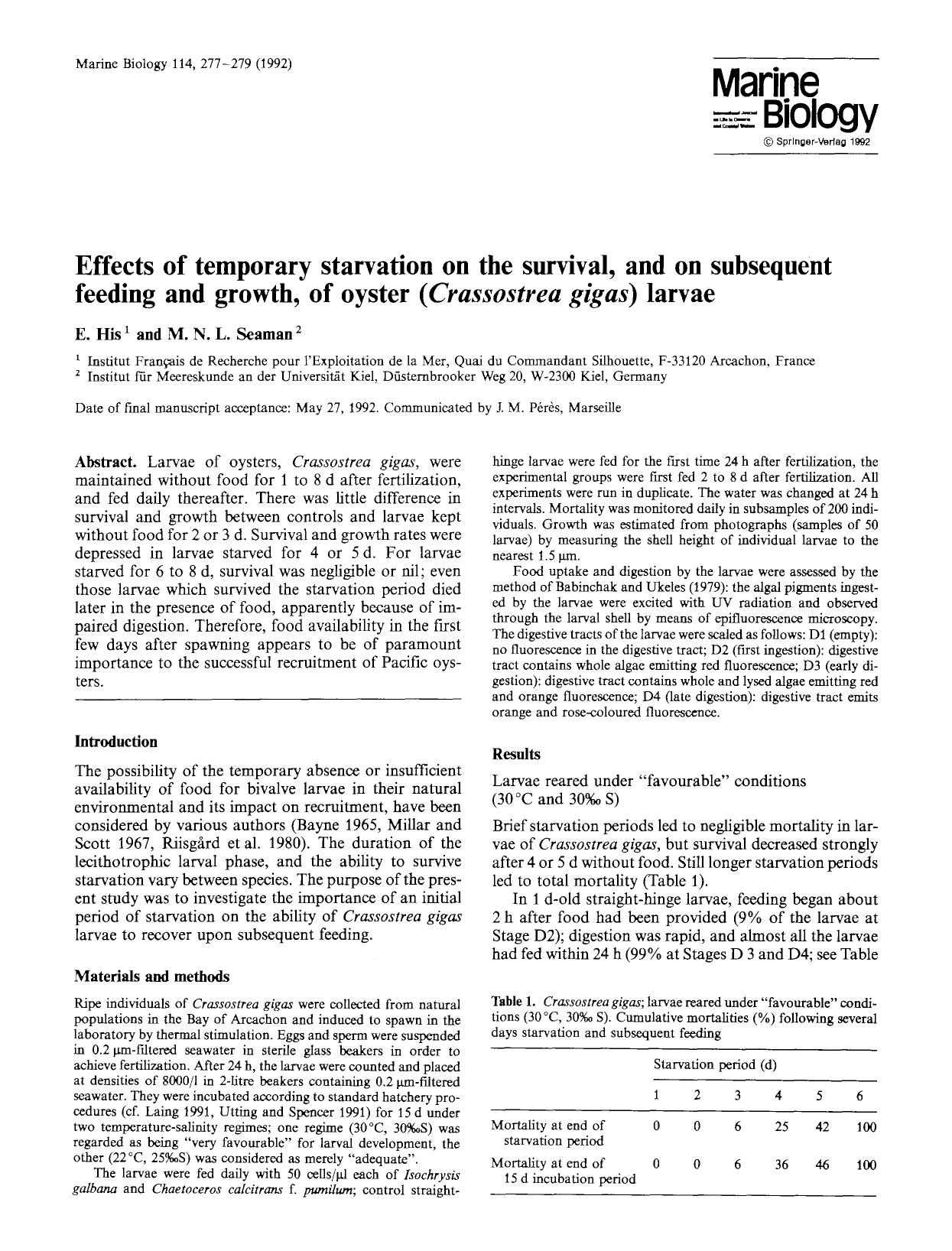 Effects of temporary starvation on the survival, and on subsequent feeding and growth, of oyster (<Emphasis Type="Italic">Crassostrea gigas<Emphasis>) larvae by Unknown