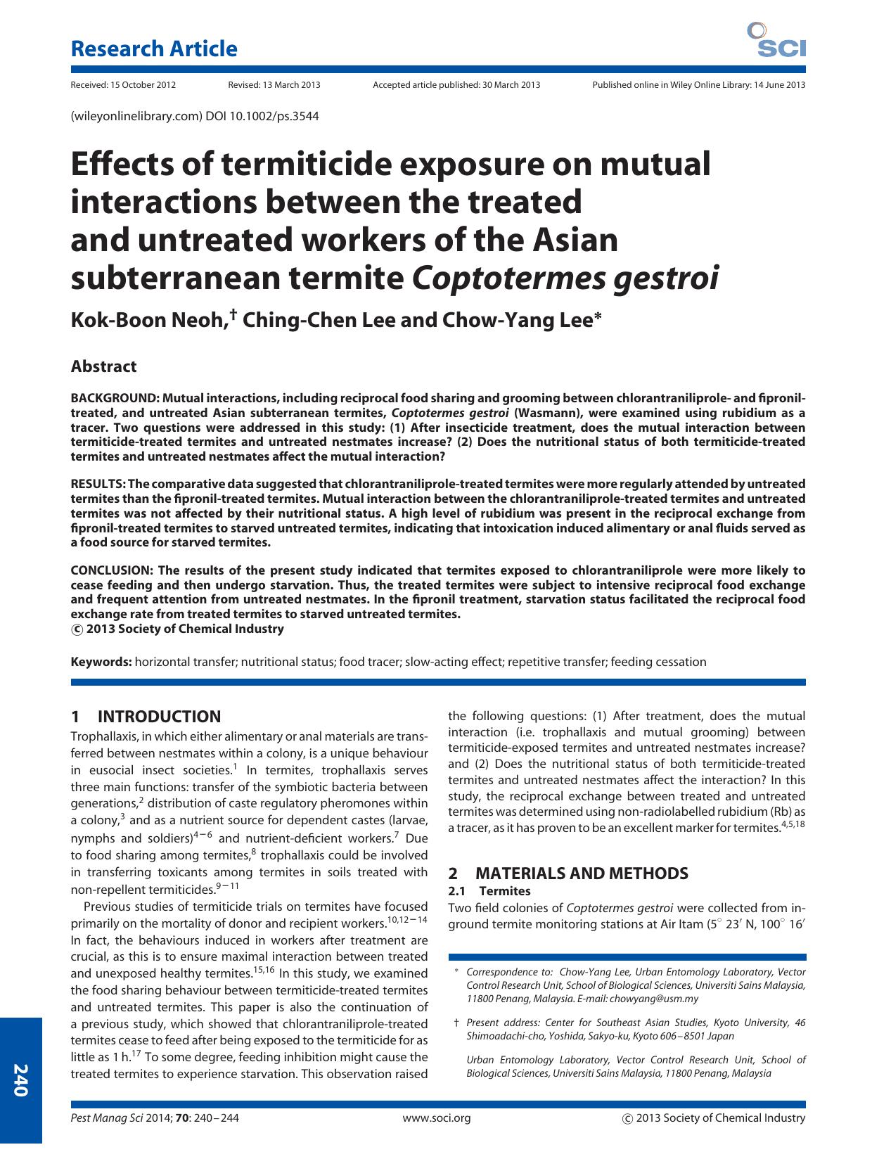 Effects of termiticide exposure on mutual interactions between the treated and untreated workers of the Asian subterranean termite Coptotermes gestroi by Unknown