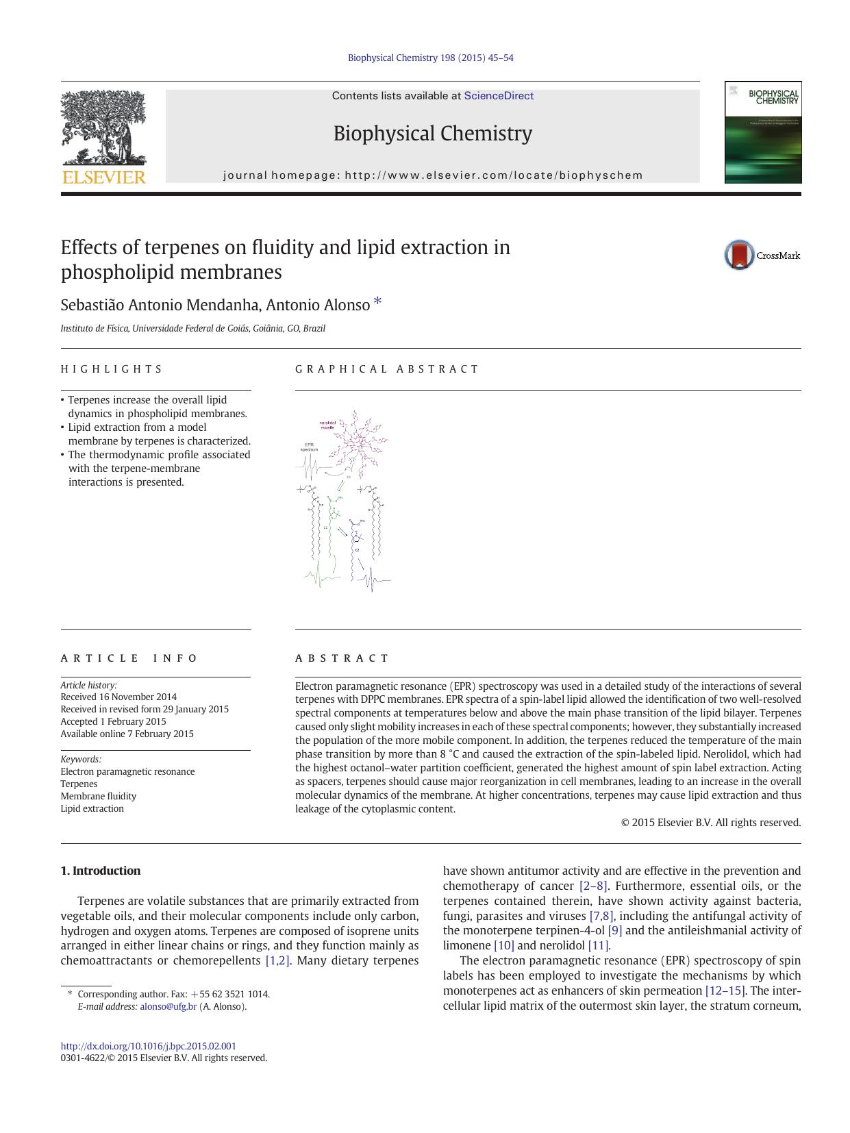 Effects of terpenes on fluidity and lipid extraction in phospholipid membranes by Sebastião Antonio Mendanha & Antonio Alonso