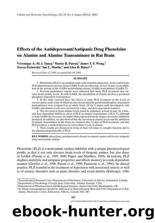 Effects of the AntidepressantAntipanic Drug Phenelzine on Alanine and Alanine Transaminase in Rat Brain by Unknown
