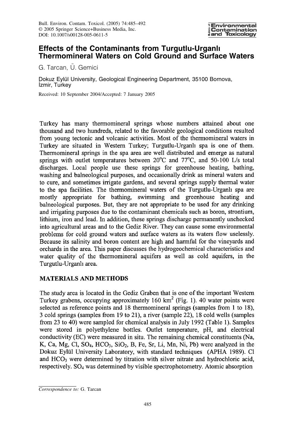 Effects of the Contaminants from Turgutlu-UrganlÃ½ Thermomineral Waters on Cold Ground and Surface Waters by Tarcan G. et al