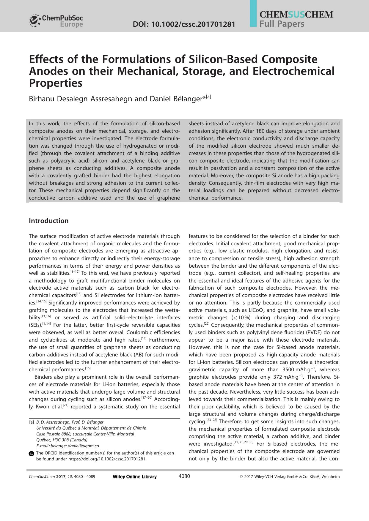 Effects of the Formulations of SiliconâBased Composite Anodes on their Mechanical, Storage, and Electrochemical Properties by Unknown