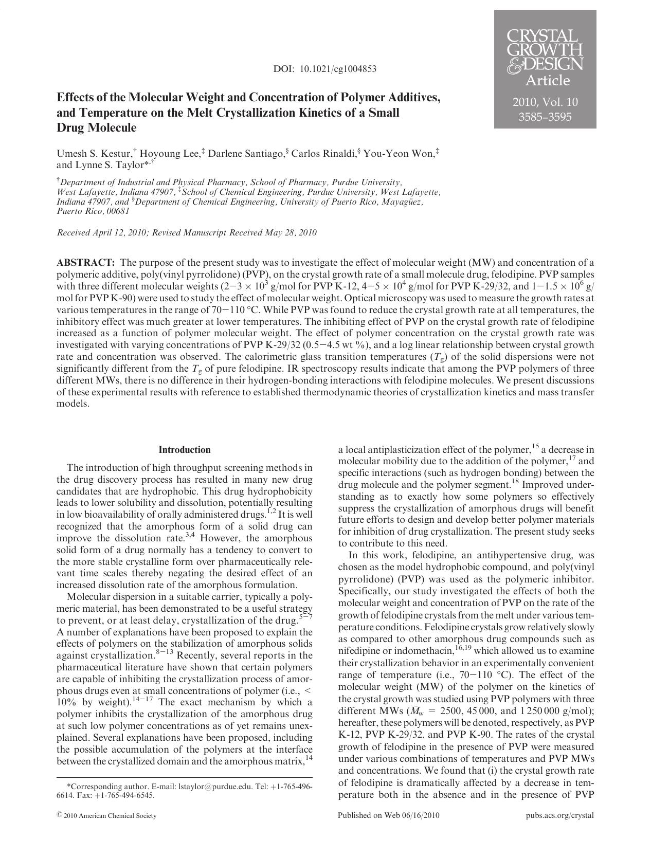 Effects of the Molecular Weight and Concentration of Polymer Additives, and Temperature on the Melt Crystallization Kinetics of a Small Drug Molecule by Unknown