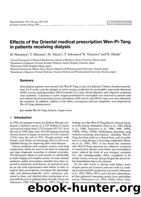 Effects of the Oriental medical prescription Wen-Pi-Tang in patients receiving dialysis by H. Ninomiya & T. Mitsuma & M. Takara & T. Yokozawa & K. Terasawa & H. Okuda