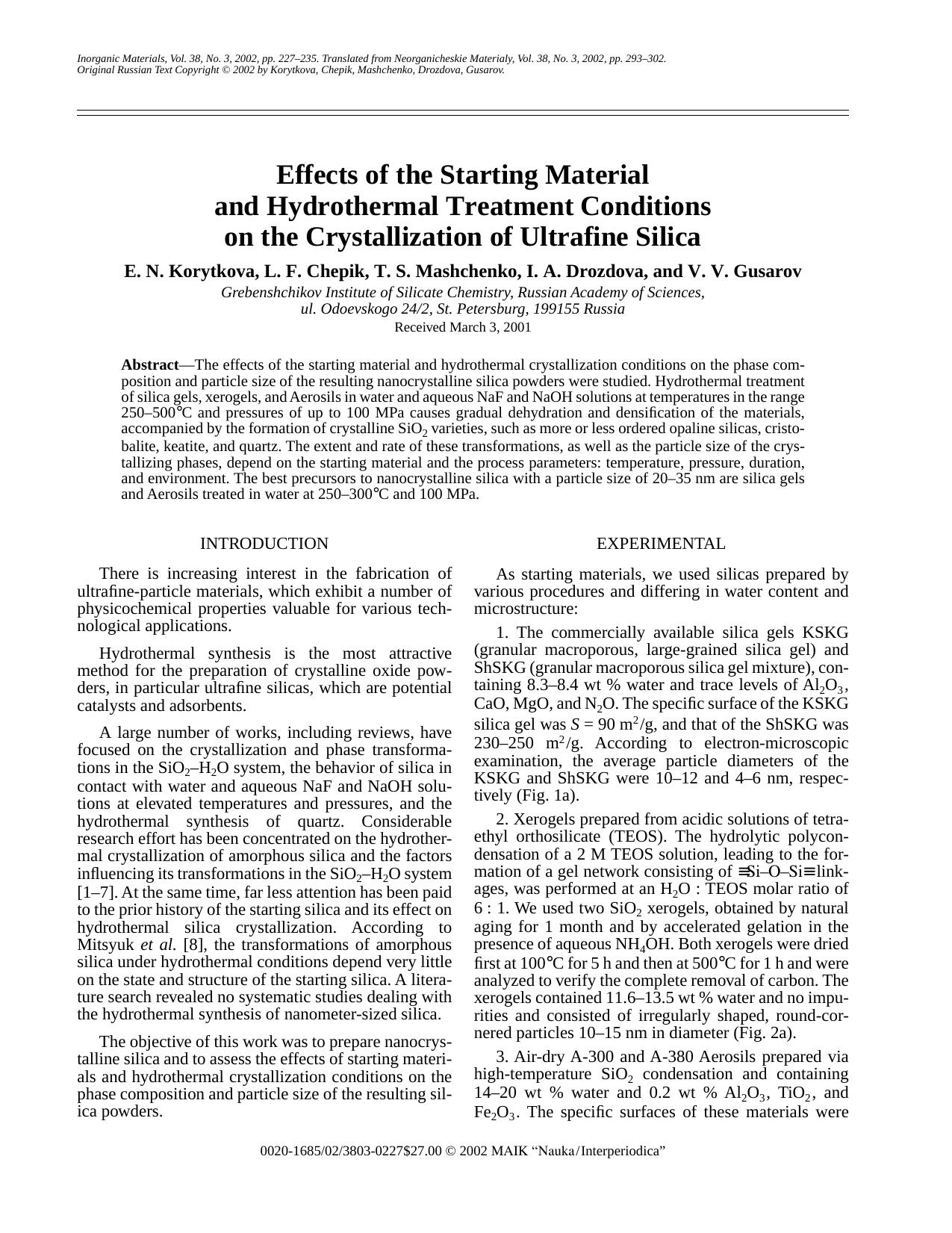 Effects of the Starting Material and Hydrothermal Treatment Conditions on the Crystallization of Ultrafine Silica by Unknown