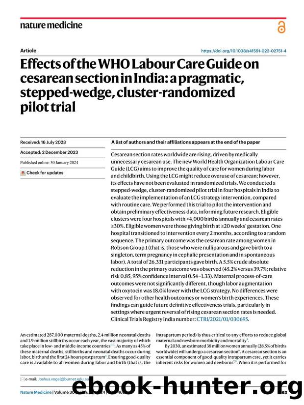 Effects of the WHO Labour Care Guide on cesarean section in India: a pragmatic, stepped-wedge, cluster-randomized pilot trial by unknow