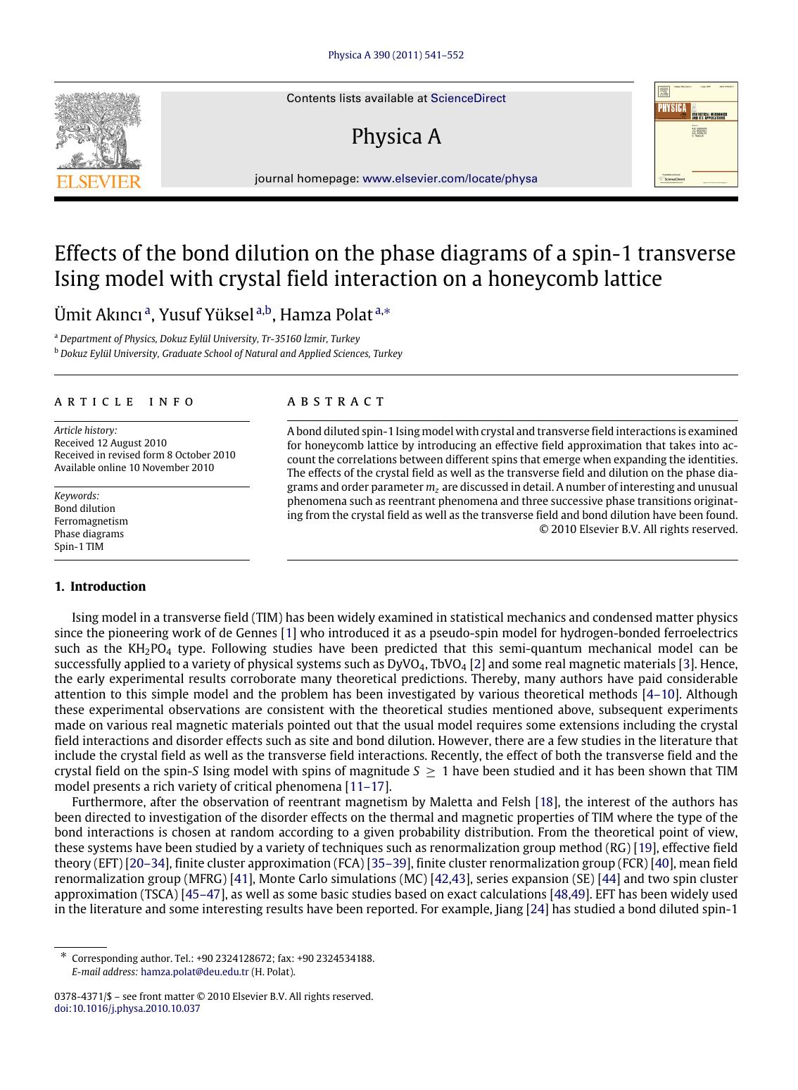 Effects of the bond dilution on the phase diagrams of a spin-1 transverse Ising model with crystal field interaction on a honeycomb lattice by Ümit Akıncı & Yusuf Yüksel & Hamza Polat