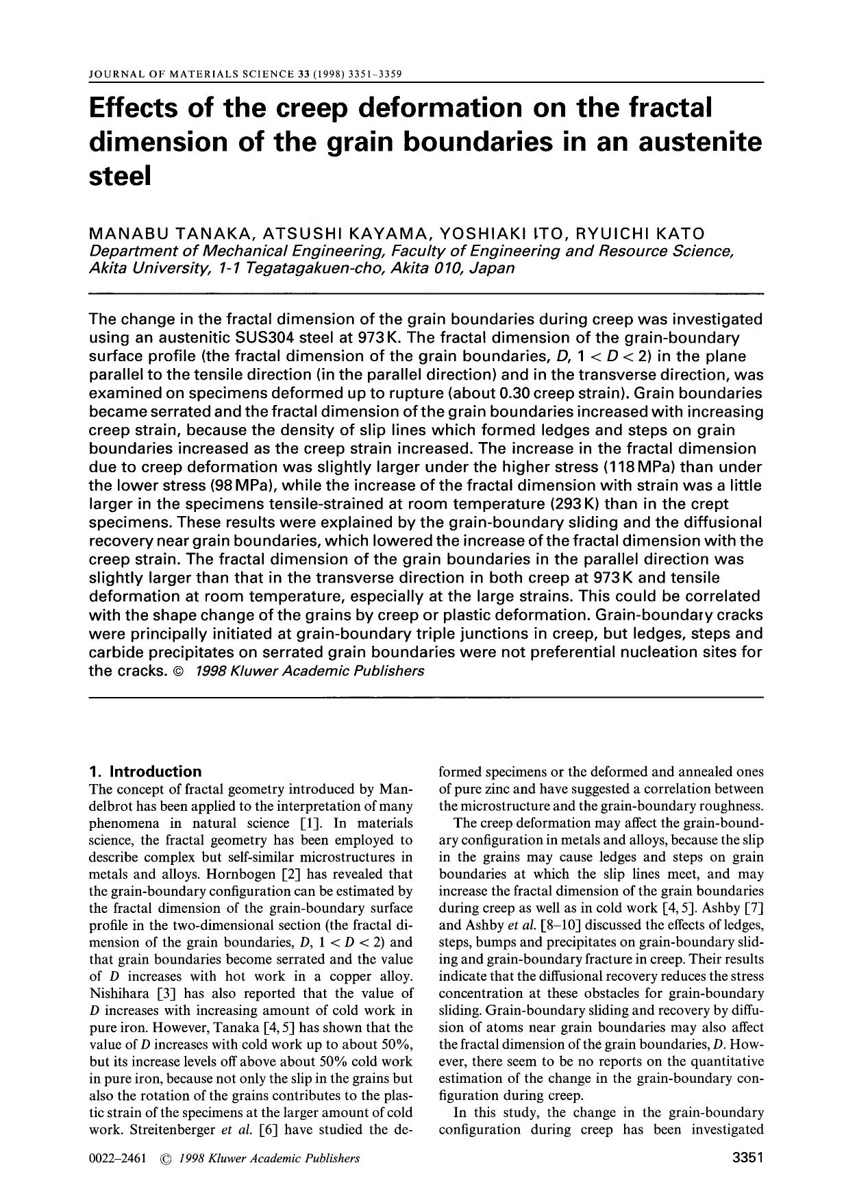 Effects of the creep deformation on the fractal dimension of the grain boundaries in an austenite steel by Unknown