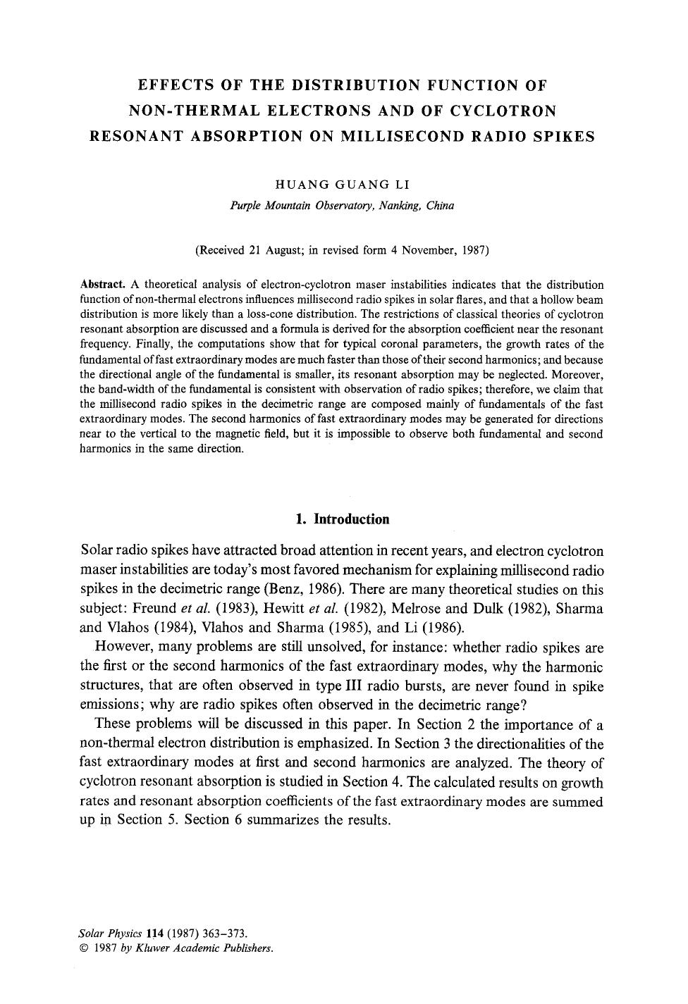 Effects of the distribution function of non-thermal electrons and of cyclotron resonant absorption on millisecond radio spikes by Unknown