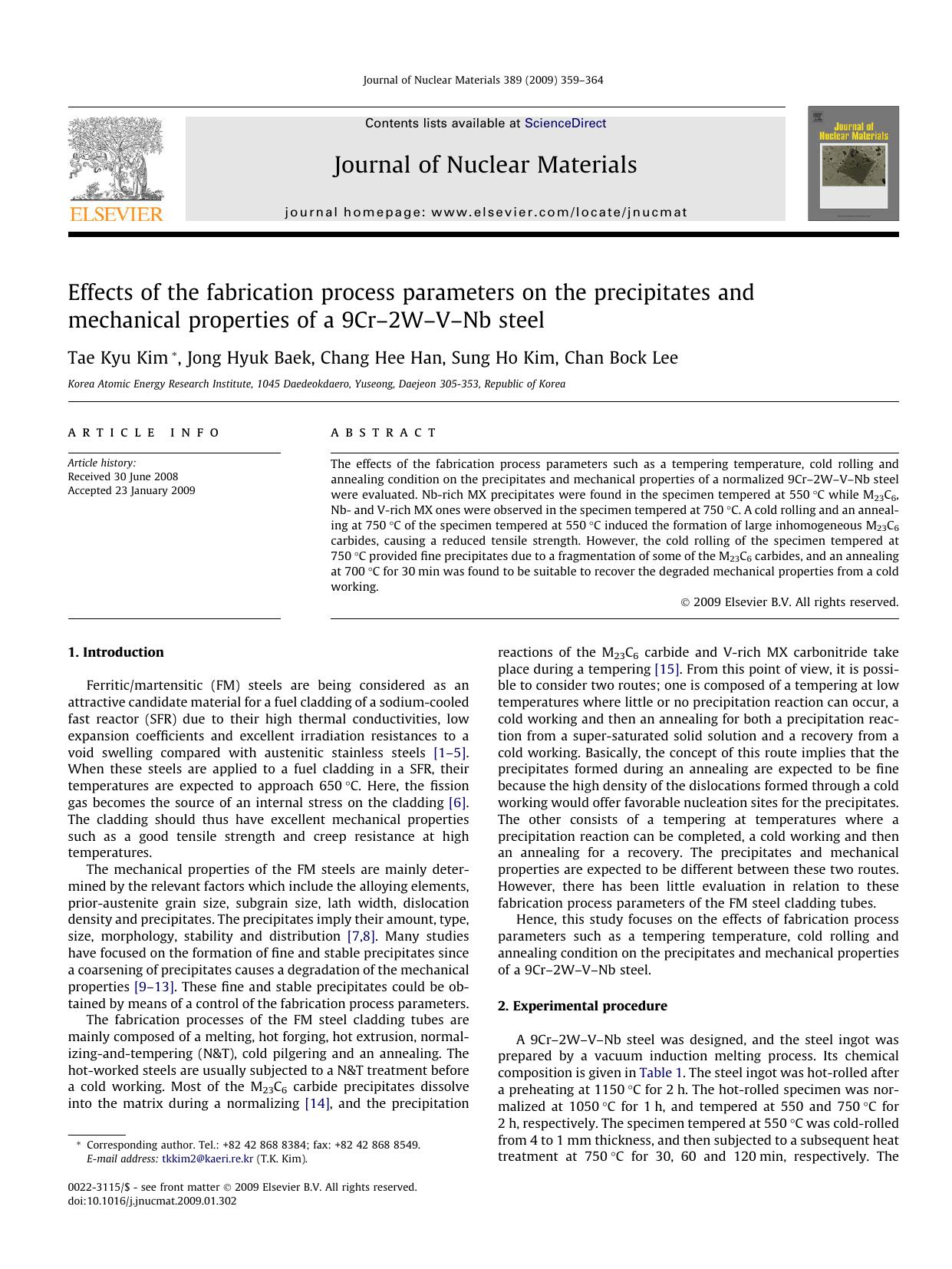 Effects of the fabrication process parameters on the precipitates and mechanical properties of a 9Crâ2WâVâNb steel by Tae Kyu Kim; Jong Hyuk Baek; Chang Hee Han; Sung Ho Kim; Chan Bock Lee