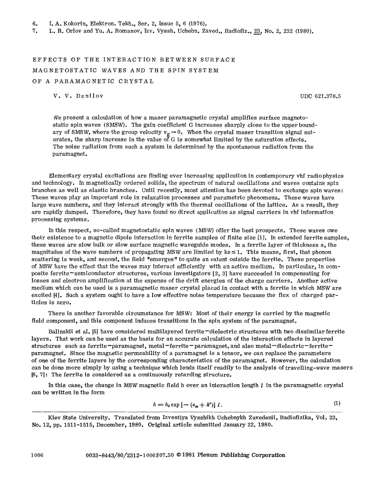 Effects of the interaction between surface magnetostatic waves and the spin system of a paramagnetic crystal by Unknown