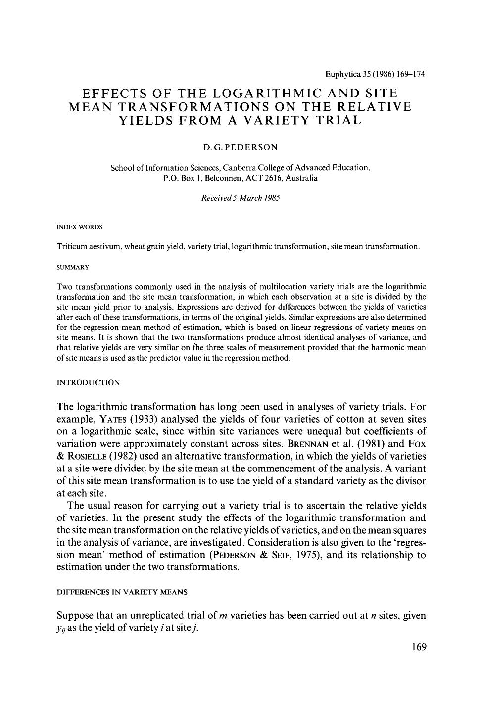 Effects of the logarithmic and site mean transformations on the relative yields from a variety trial by Unknown