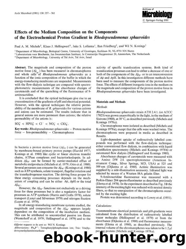 Effects of the medium composition on the components of the electrochemical proton gradient in <Emphasis Type="Italic">Rhodopseudomonas sphaeroides<Emphasis> by Unknown