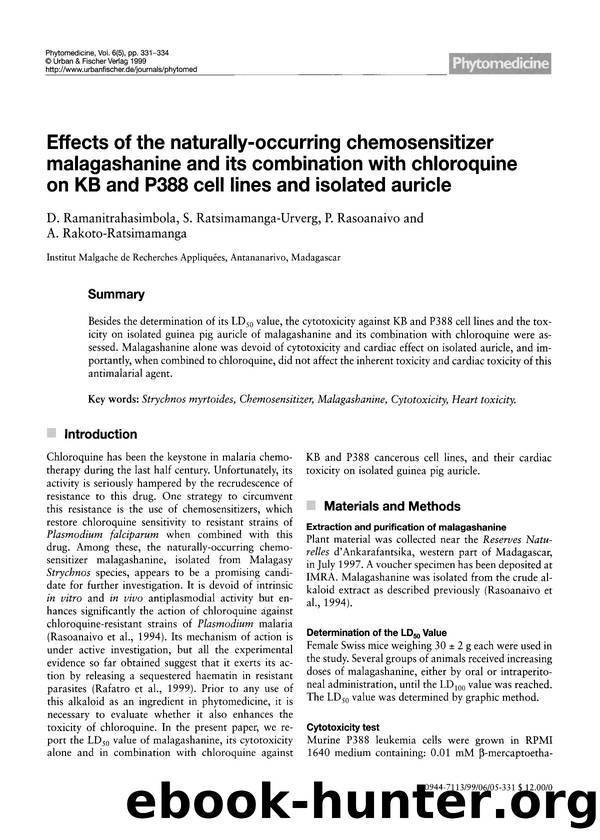 Effects of the naturally-occurring chemosensitizer malagashanine and its combination with chloroquine on KB and P388 cell lines and isolated auricle by D. Ramanitrahasimbola & S. Ratsimamanga-Urverg & P. Rasoanaivo & A. Rakoto-Ratsimamanga