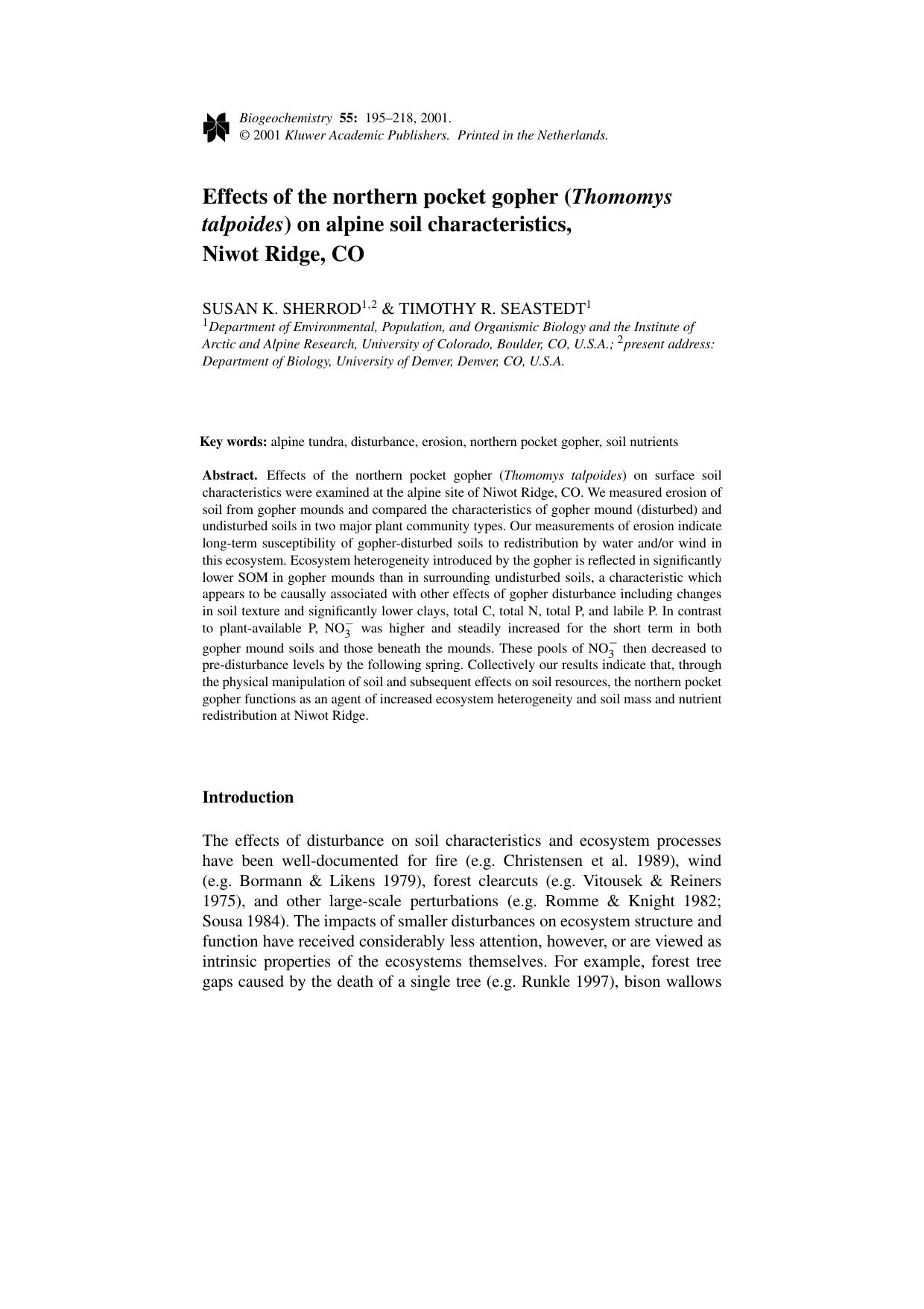 Effects of the northern pocket gopher (Thomomys talpoides) on alpine soil characteristics, Niwot Ridge, CO by Unknown